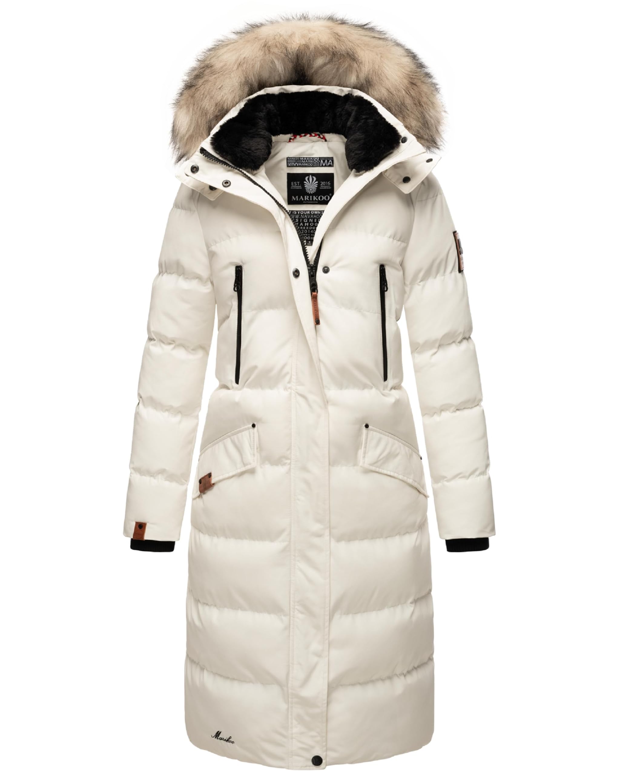 Marikoo Women's Off-White Winter Coat, Warm Quilted Coat, Long With Removable Faux Fur And Hood, Snow Star, Xs–Xxl, Off White, Xs
