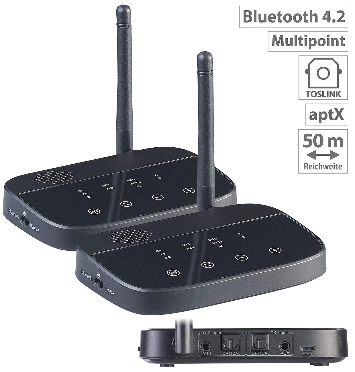 auvisio Audio Funkübertragung: 2er-Set 2in1-Audio-Sender & -Empfänger, Bluetooth 4.2, aptX (TV Funkübertragung, Audioadapter, Bluetooth, Klinke Adapter)