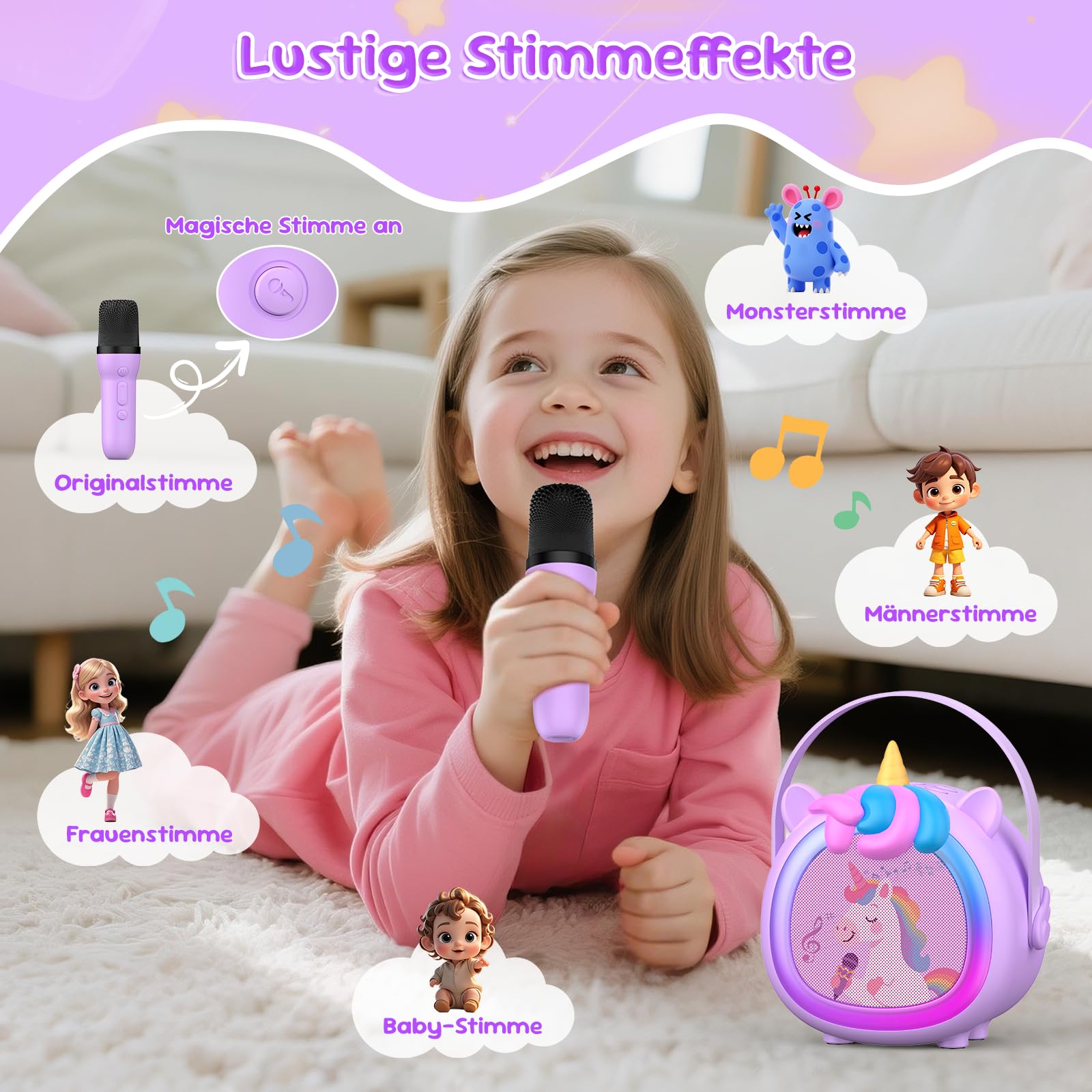 Fippesax Kinder Karaoke Maschine mit 2 kabellosen Bluetooth Mikrofonen, Kompaktes Einhorn Musikspielzeug mit Stimmeffekten & LED Lichtern, Geschenk für Mädchen ab 6 Jahren (Lila)