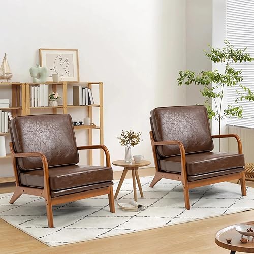 Mid-Century Modern Accent Chairs Set of 2, PU Leather Reading Armchair with Wooden Frame, Upholstered Lounge Chair for Living Room, Bedroom, Waiting Room(Brown)