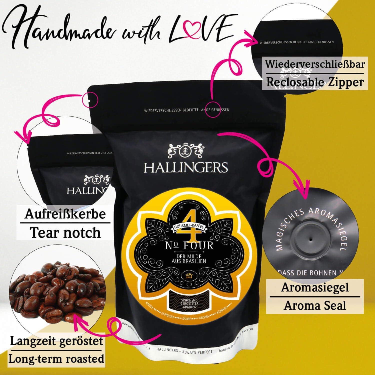 Hallingers Genuss Manufaktur Edel-Kaffee Geschenk - schonend langzeitgeröstet bei niederen Temperaturen "No. Four" aus Brasilien, Geschenkidee für Frauen Männer