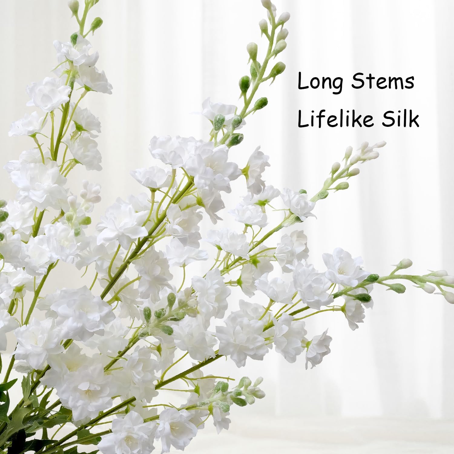 JINWOE 4Pcs White Delphinium Artificial Flowers for Outdoors, 34''Long Stem Faux Silk Delphinium Flowers, Lifelike Real Touch Fake Flowers for Tall Vase Home Wedding Office Decor