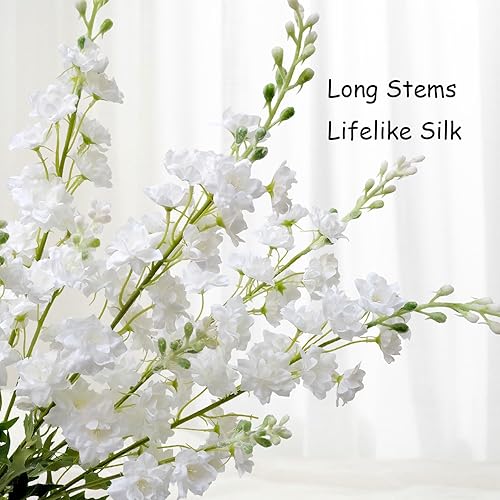 Miniatura 8 de 4 flores artificiales de delphinium blancas para exteriores, flores de delphinium de seda sintética de tallo largo de 34 pulgadas, flores falsas
