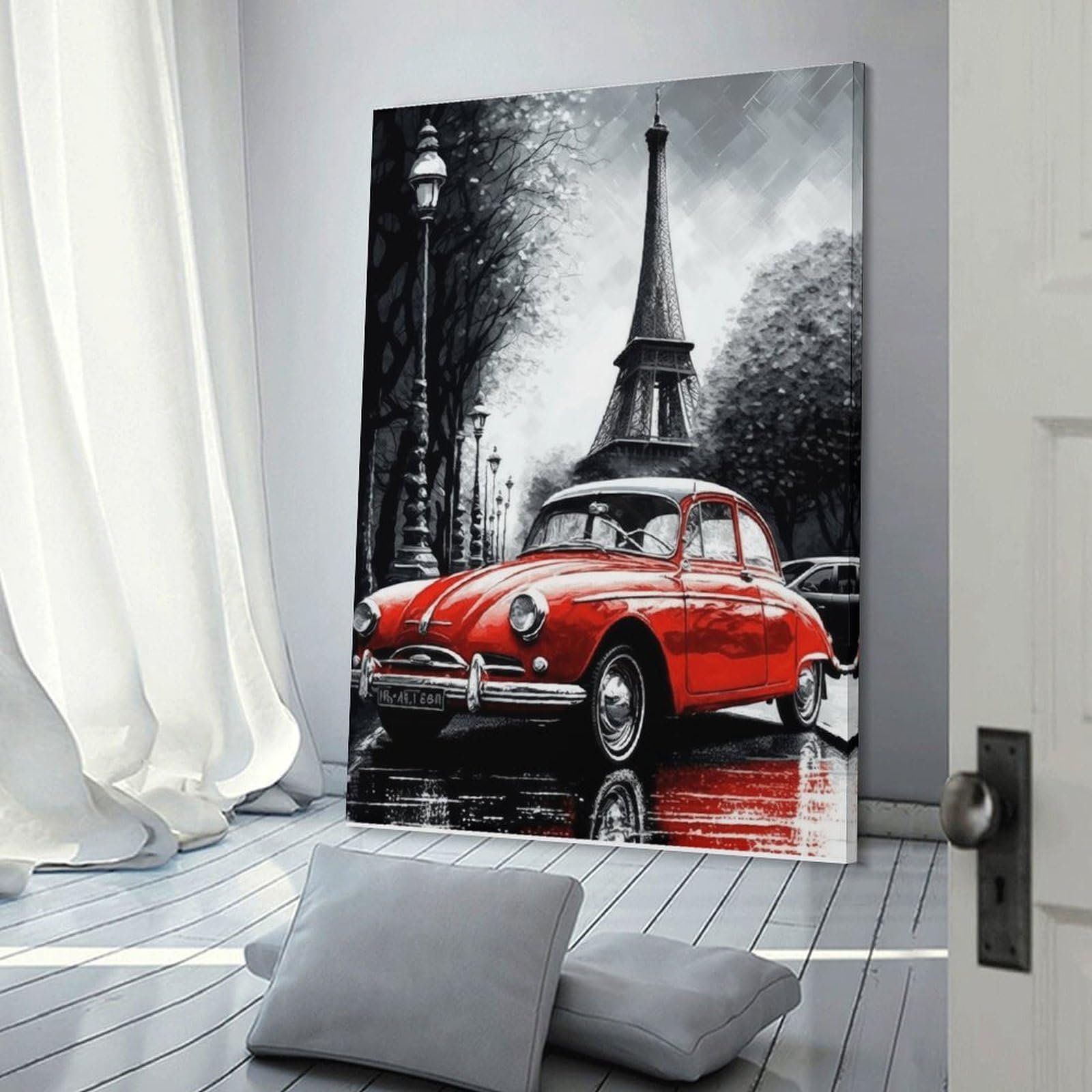 Junmoney Frame-Style-22 Paris Eiffel Tower Classic Car Hanging Wall Art, 24X36inch(60X90cm), For Bedroom Decor, Cosy Corners Or Studios, An Easy Wall Refresh For Bedrooms