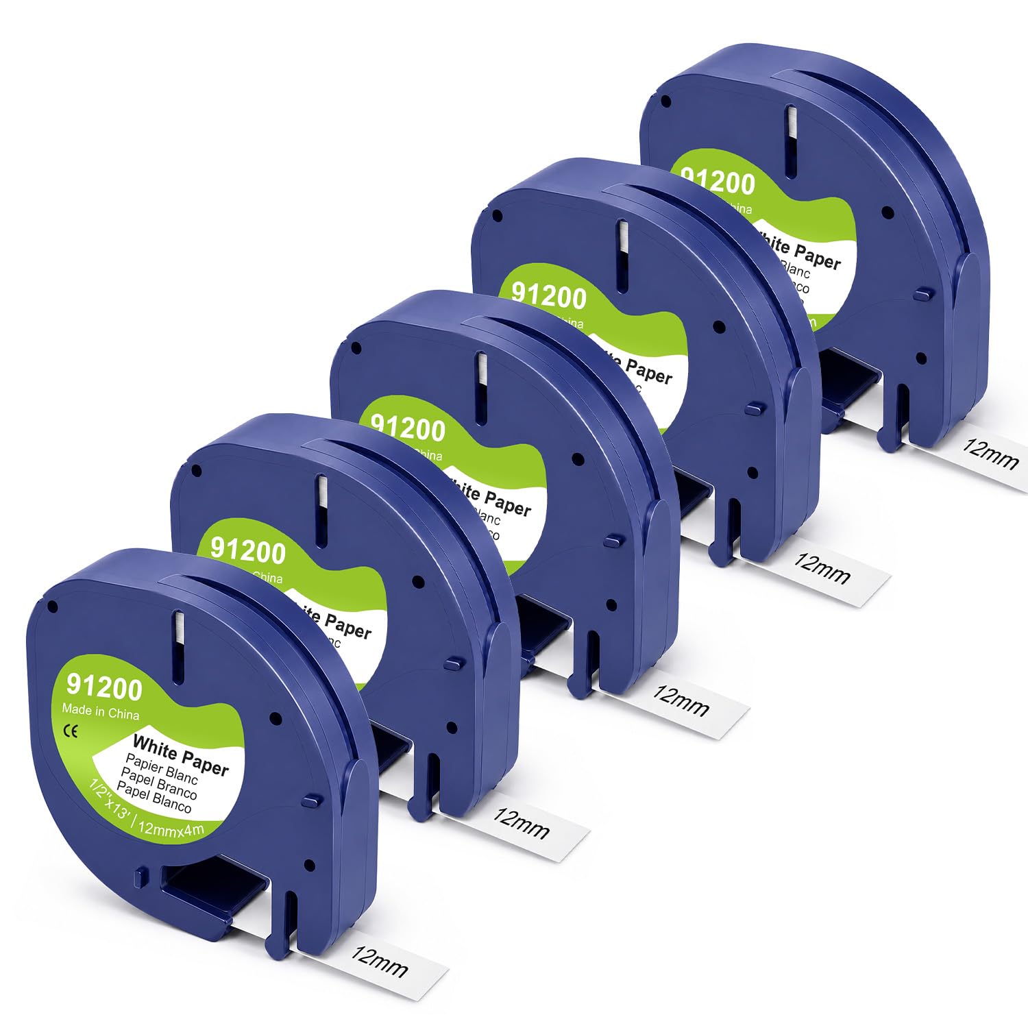 Zestaw 5 taśm do etykiet 12 mm x 4 m do DYMO LetraTag | Kompatybilny z 91200 91220 S0721510 S0721520, czarny na białym papierze, do LT-100H LT-100T XR XM 200B