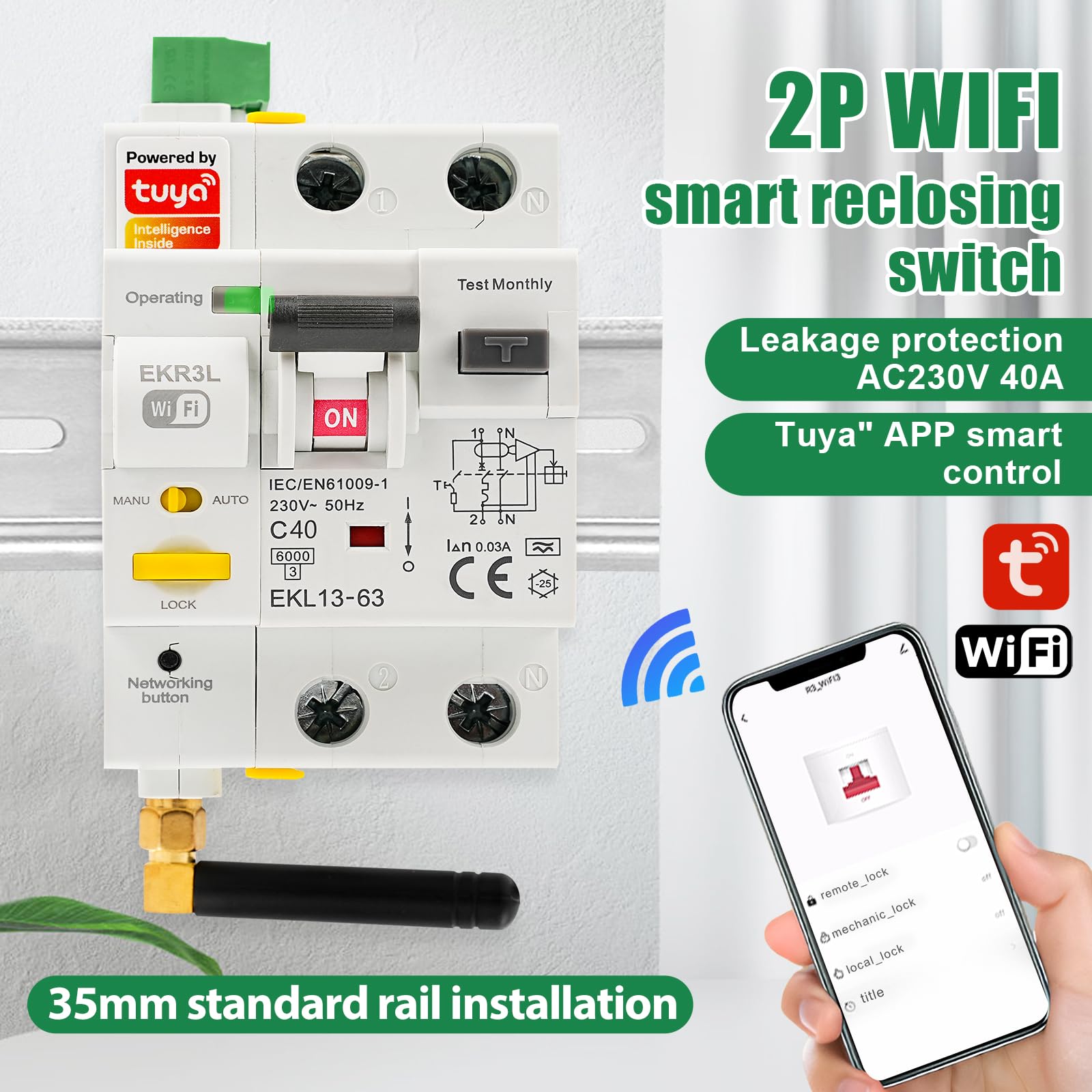 Disjoncteur différentiel 40A WiFi Réarmement automatique Disjoncteur différentiel intelligent 220V 2P Protection contre les fuites Contrôle TUYA Réactivation en mode automatique.