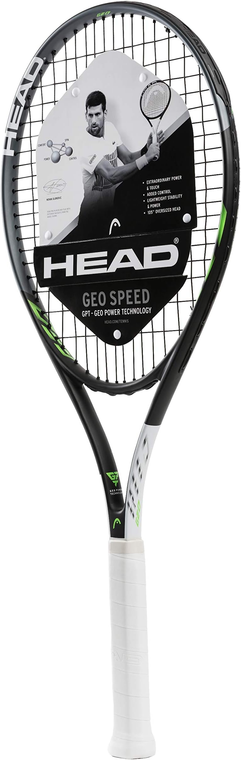 Geo Speed Composite Adult Tennis Racket Pre-Strung Head Light Balance 4 3/8 in Grip (White/Black, 27.5 Inch)