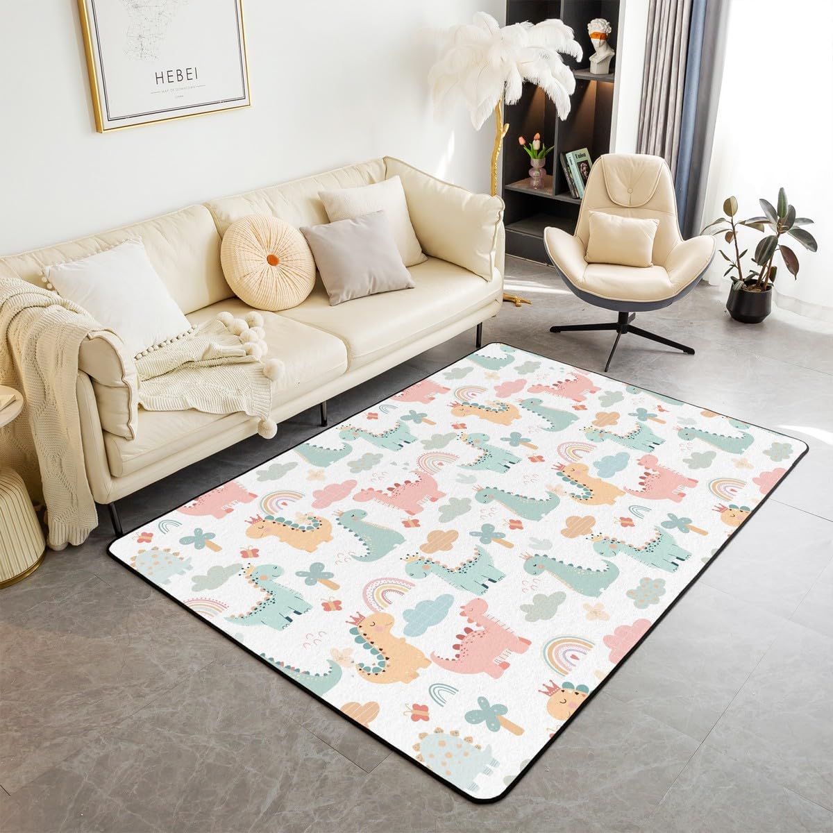 Cartoon Dinosaur Area Rug Kawaii Colorful Wild Animals Non Slip Rug for Kids Boys Girls Watercolor Rainbow Cute Clouds Indoor Floor Mat for Sofa Chairs Office 150cm X 200cm X 1cm