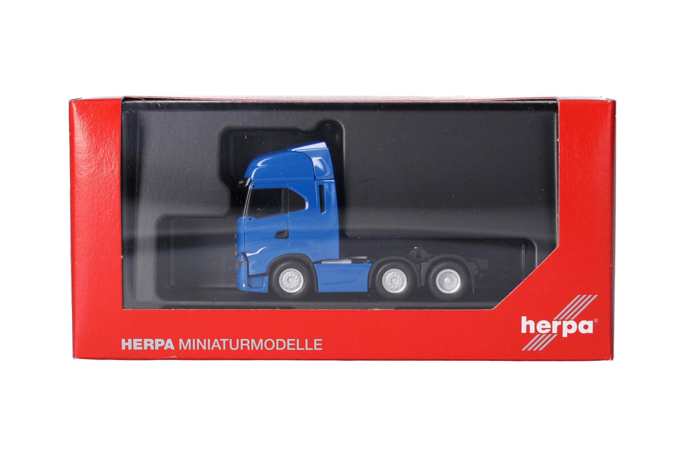 Herpa LKW Modell Iveco S-Way Zugmaschine 3achs (6x2), verkehrsblau, Miniatur im Maßstab 1:87, Sammlerstück, Made in Germany, Kunststoff, Blau