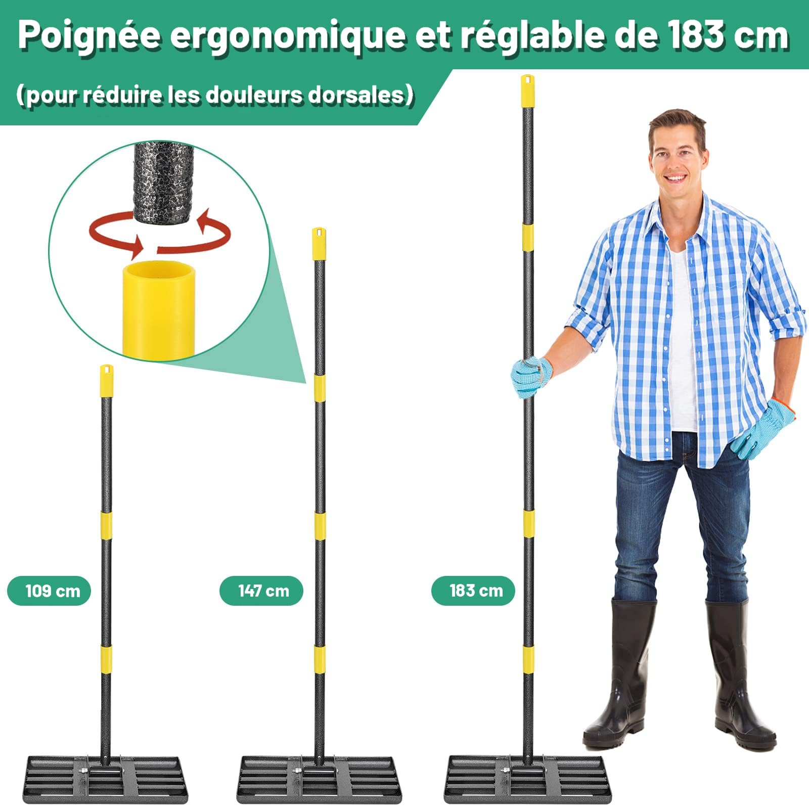 Rateau Nivellement , 43*25cm De Pelouse Avec Poignée Réglable - Soudures  Renforcées Et Bord Lisse Pour Saleté, Epandage De Jardin, Aménagement  Paysager/152cm Jaune Râteau De Nivellement