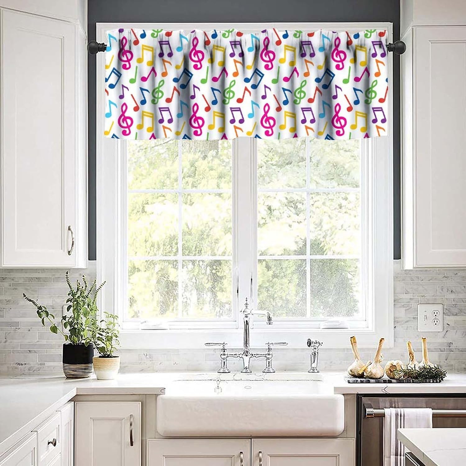 Music Valance Curtains,Colourful Note Modern Art Short Drape for Living Room Cafe Restaurant Window Treatment 1 Panel 54" W x 18" L Inch