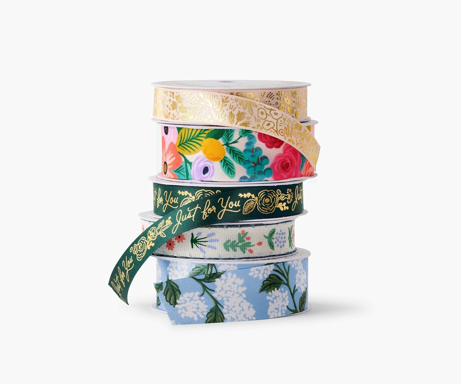 RIFLE PAPER CO. Garden Party Floral Ribbon Set for Crafts and Gift Wrapping, 5 Patterns, 4 Satin and 1 Grosgrain Fabric, Printed in Full Color with Metallic Gold Accents, 5 Yards Each