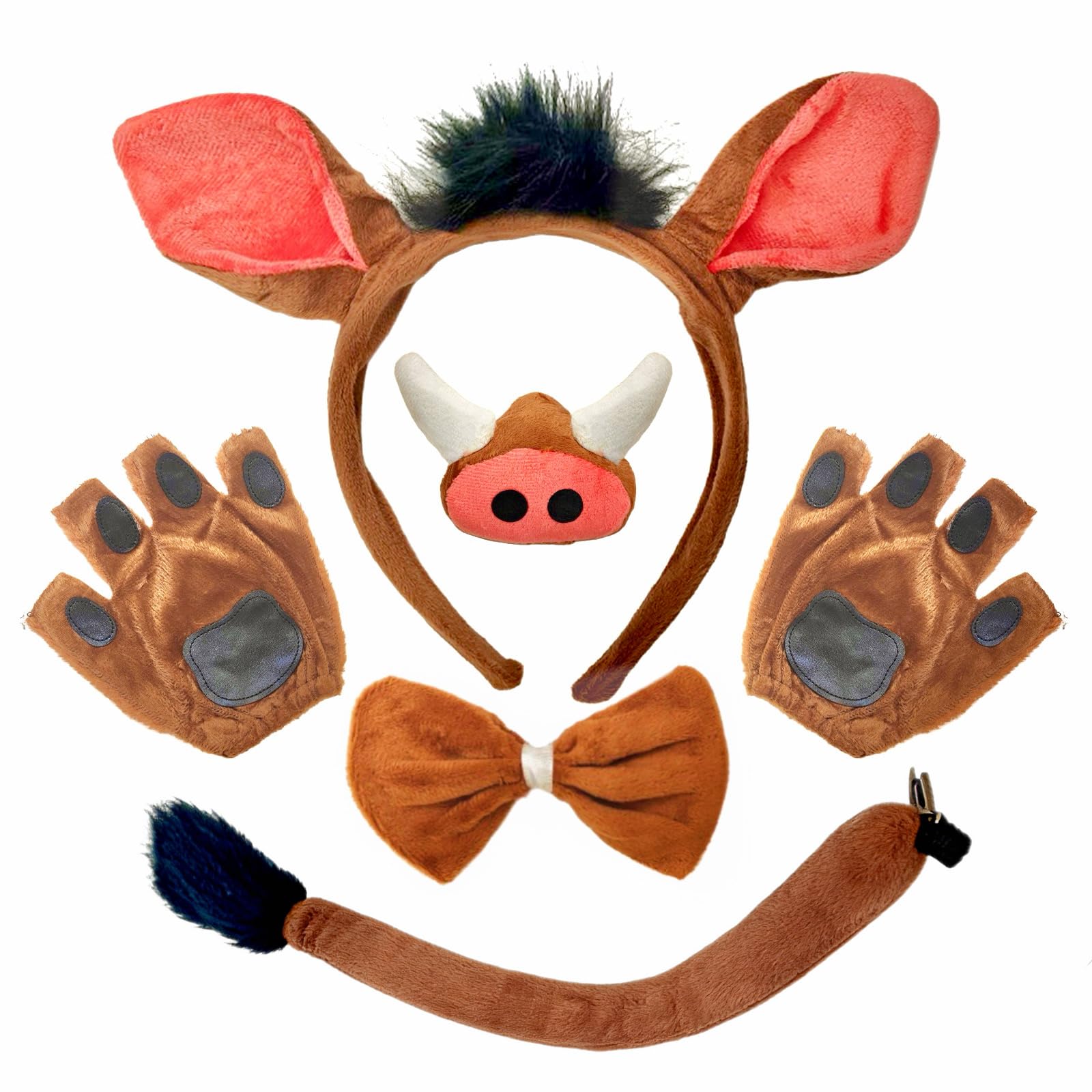 Warthog Costume Set, Animal Costume, Cosplay, Ears, Nose Gloves, Tail Bow Tie for Halloween, Party Accessories, Birthday Party, Carnival, Jungle Party, Christmas Performance Props, Pack of 5