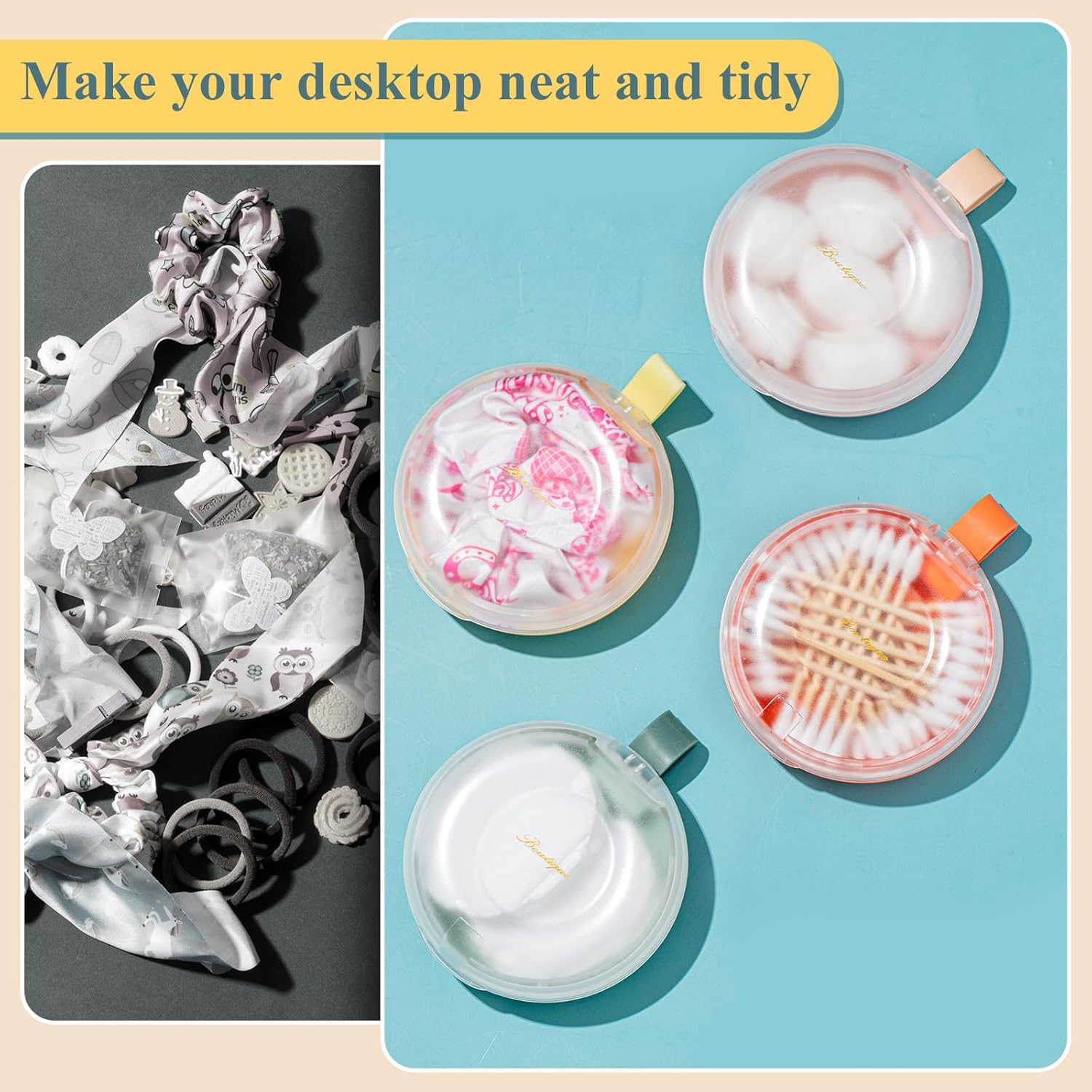Kigley 4 Pcs Hair Tie Container Cotton Swab Holder Travel Hair Tie Holder Clip Flosser Dispenser Hair Accessories Organizer Box with Lid Portable Hanging Small Items Desktop Travel Storage - Image 4