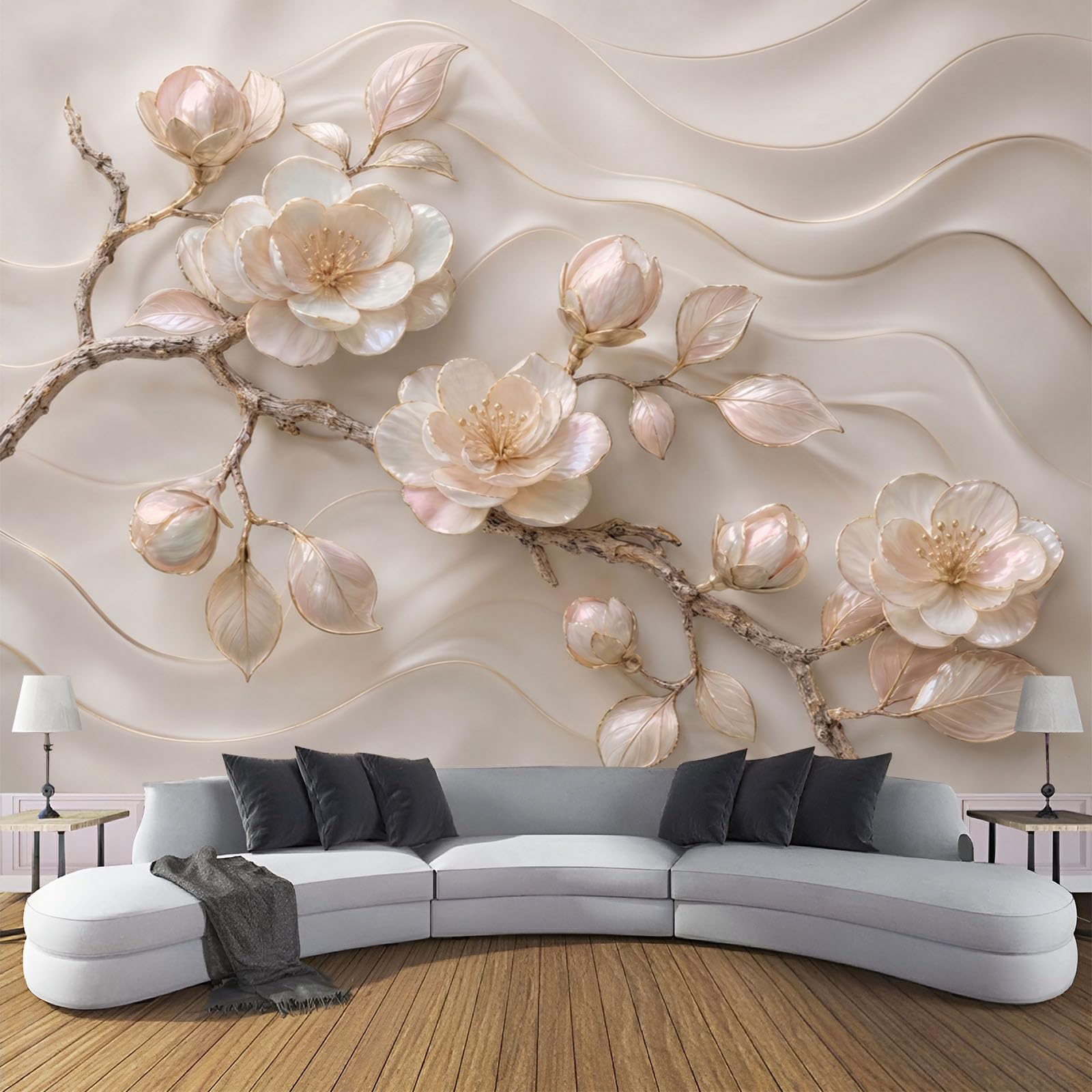 Papier peint panoramique fleur relief 3D beige et blanc grand format 400x280