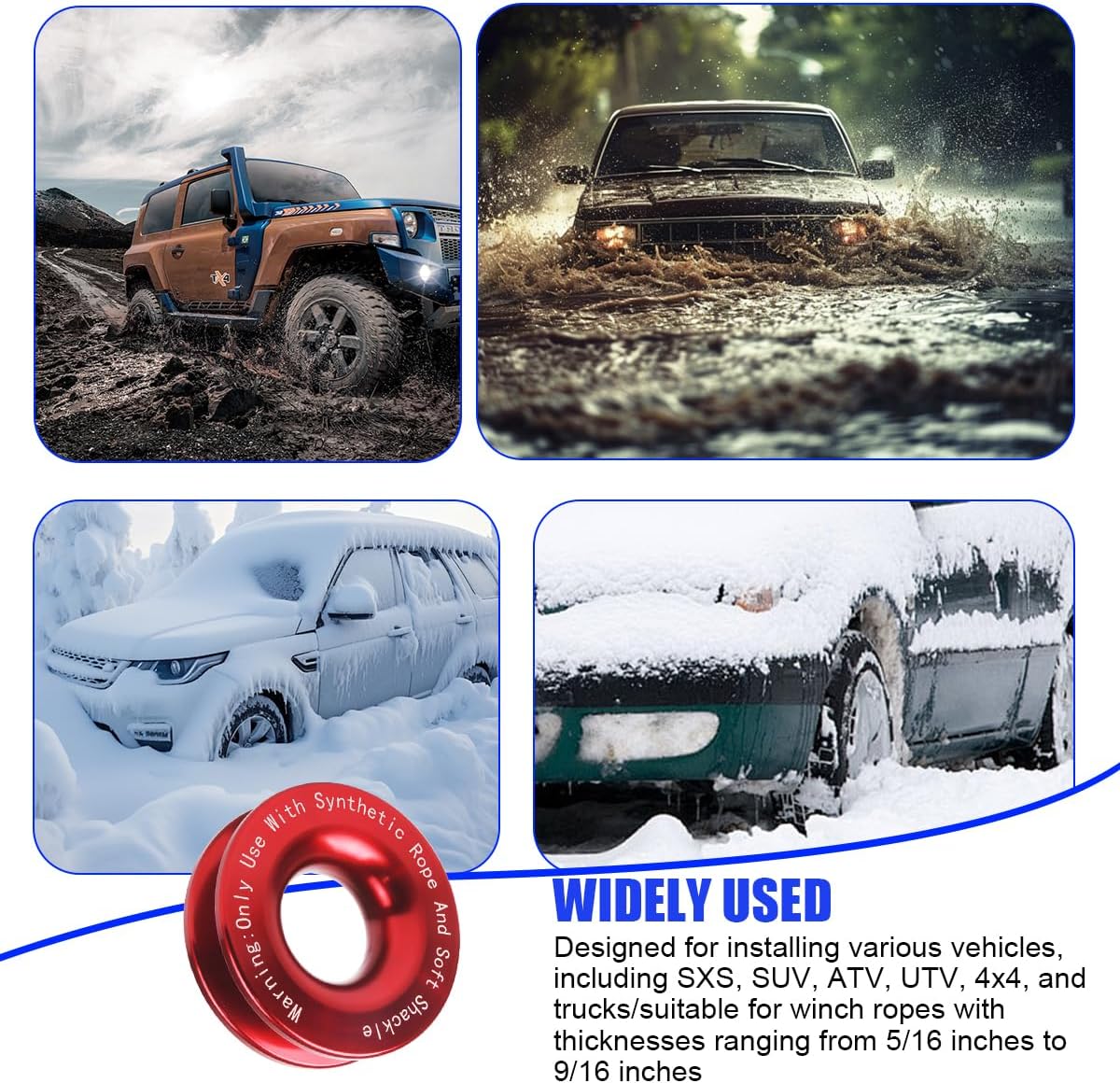 HZEL Car Winch Snatch Recovery Ring, 66000 LBS Break Strength Soft Shackle Synthetic & Rope Block Pulley Towing Ring, Automotive Exterior Accessories, Universal for ATV UTV SUV (Red)