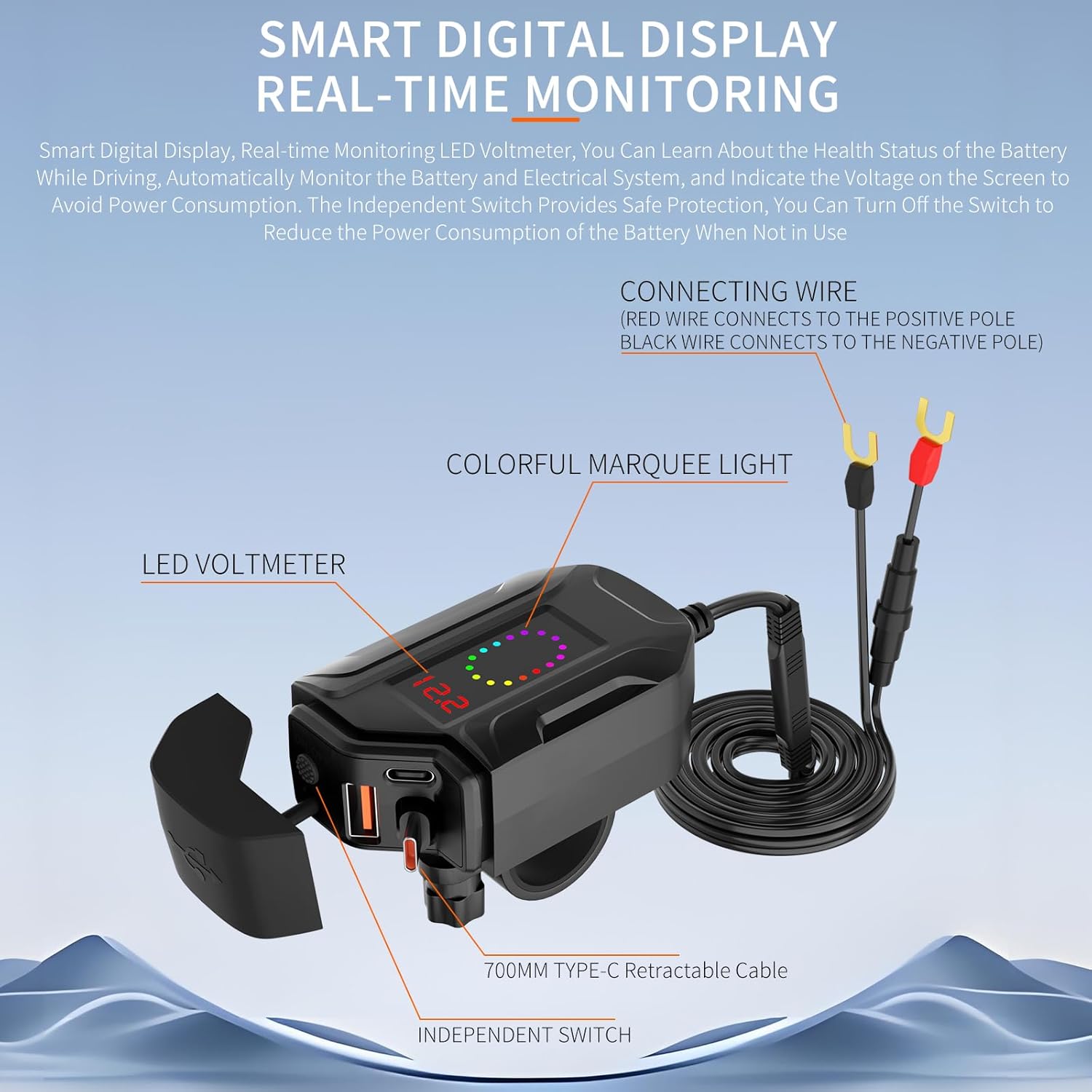 Motorcycle Phone Charger, Upgrade 30W PD Type-C 18W USB 3 Ports with 28'' Telescopic Charging Cable & Voltmeter & Switch, IP65 Waterproof Motorcycle Accessories for Phone Tablet GPS (Black)
