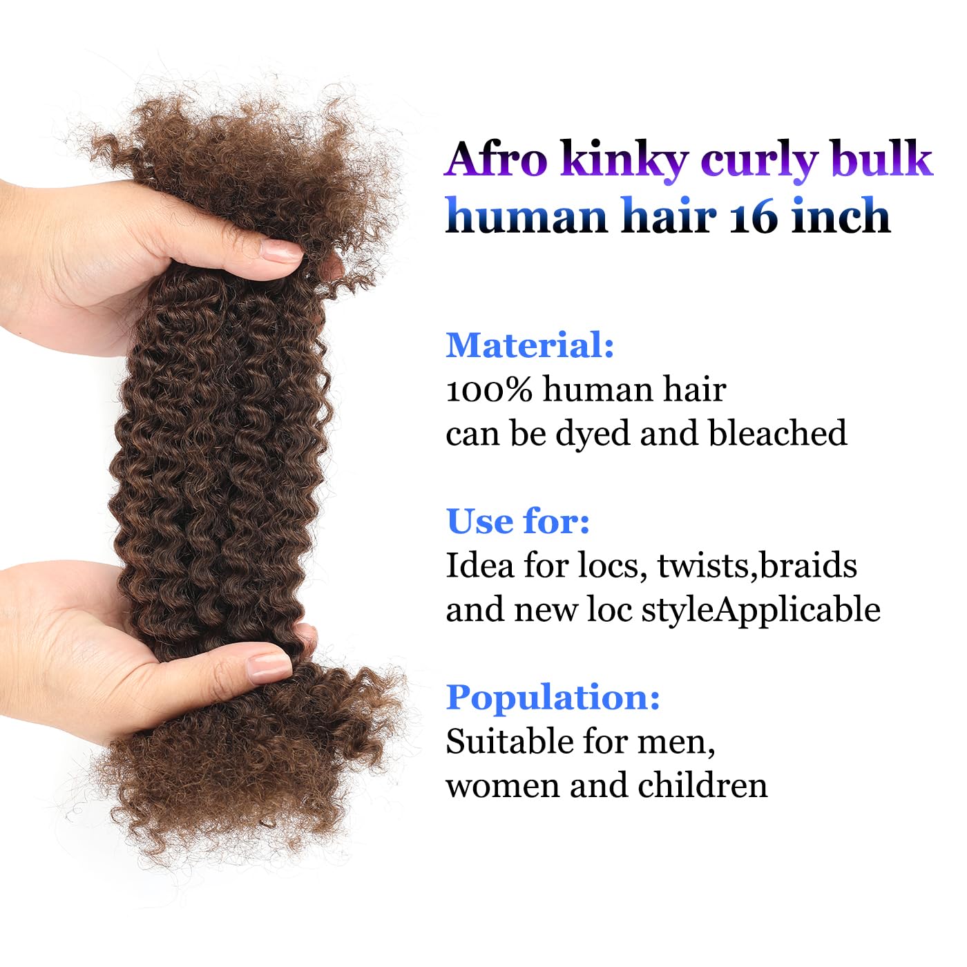 Afro Kinky Curly Human Hair Bulk for Permanent Micro Locs/Twists/Braids/Repair Locs Afro Kinkys Curly Bulk Human Hair Can be Dyed and Bleached 50 Gram Each Package(4#, 16inch)