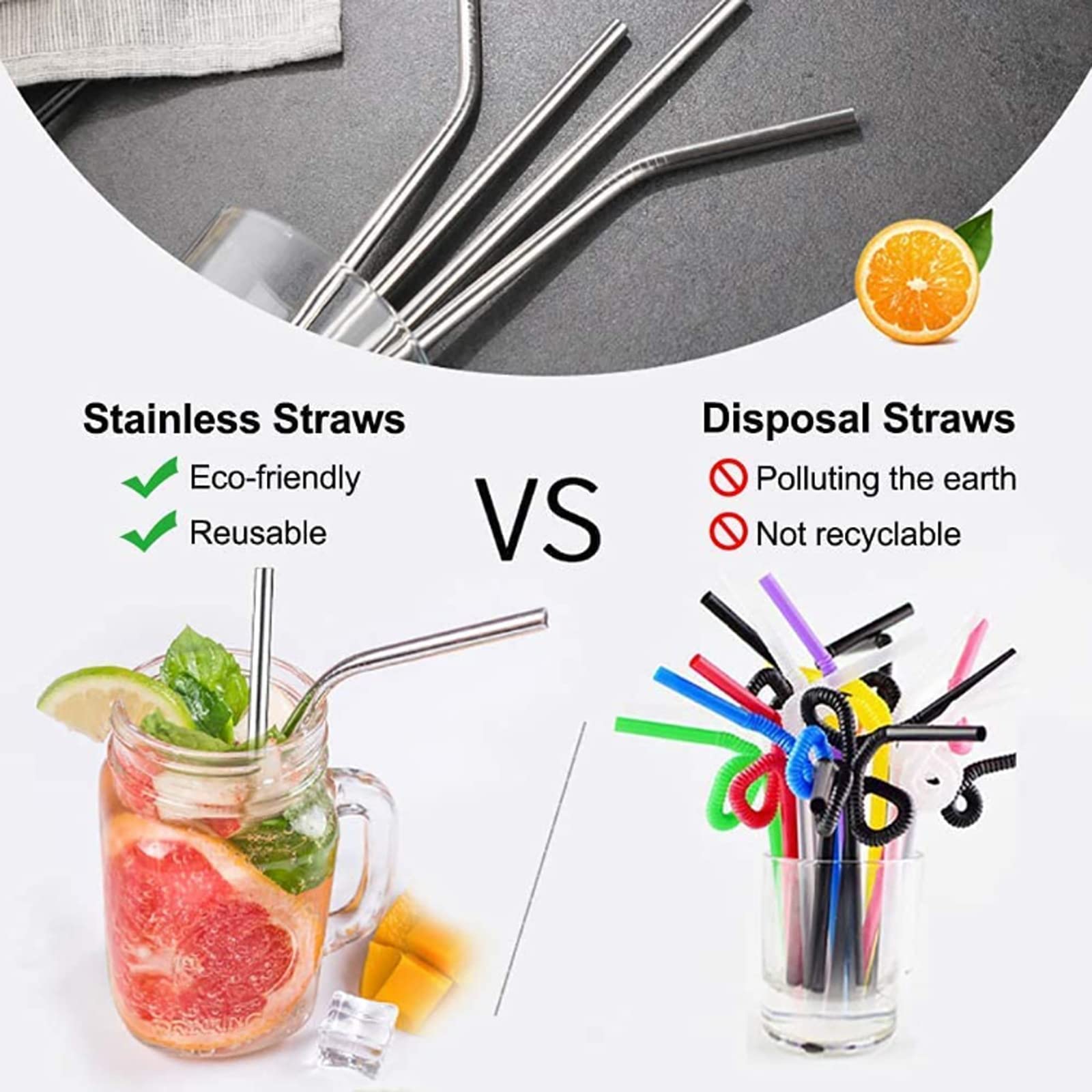 QHFlashbuy - Pailles Inox Réutilisables - 4 Unités (Droites & Courbes) + Brosse - Compatible Tasse Stanley