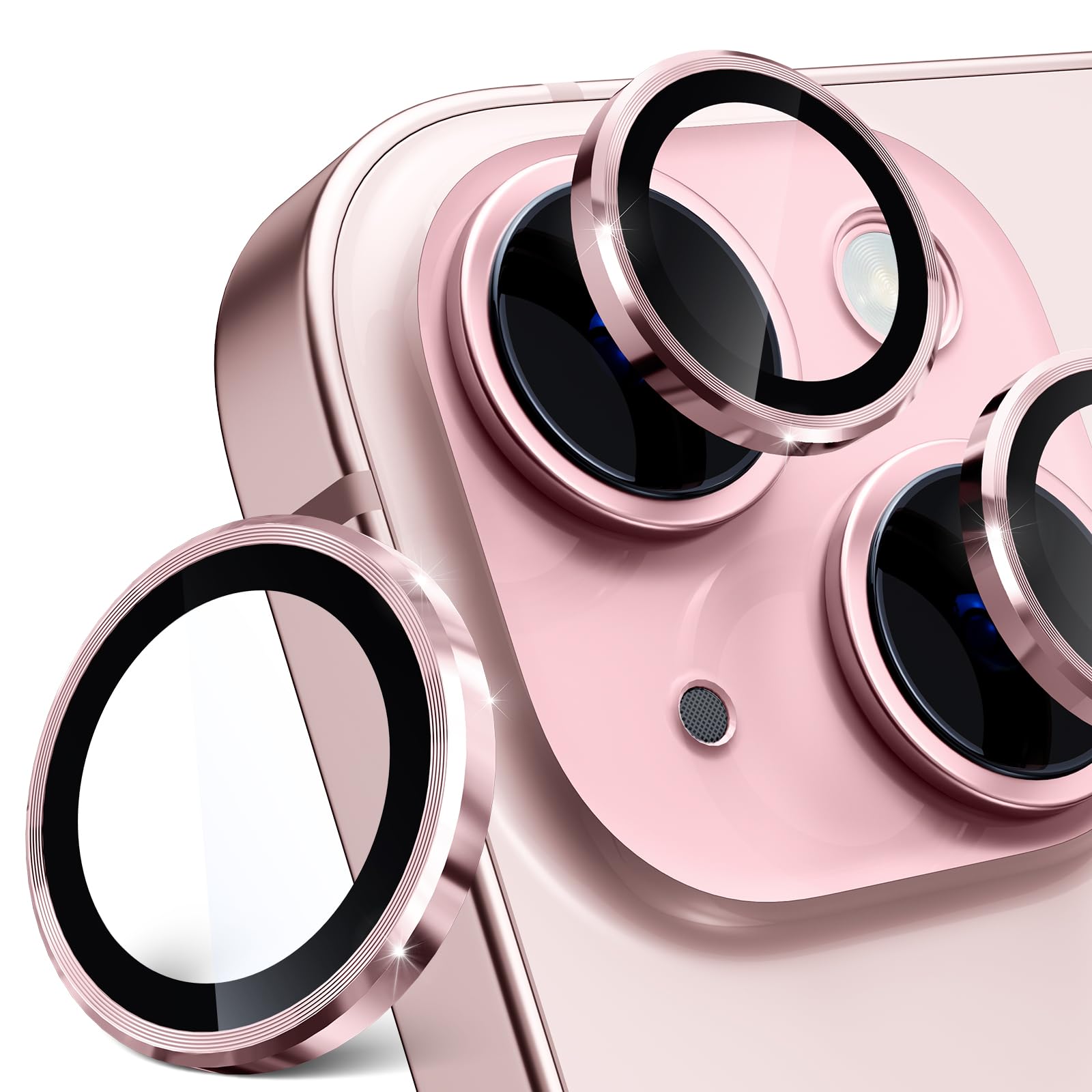 Imluckies Camera Lens Protector For IPhone 15 / IPhone 15 Plus Bling Pink, Anti-Scratch HD Tempered Glass With Aluminum Alloy Edge, Shiny Not Effect