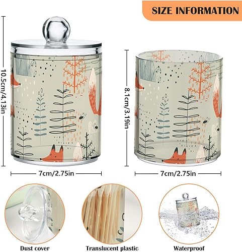 Miniatura 3 de Paquete de 2 tarros de boticario para baño, lindo zorro, dispensador de plástico transparente con tapa para bola de algodón, hisopo de algodón