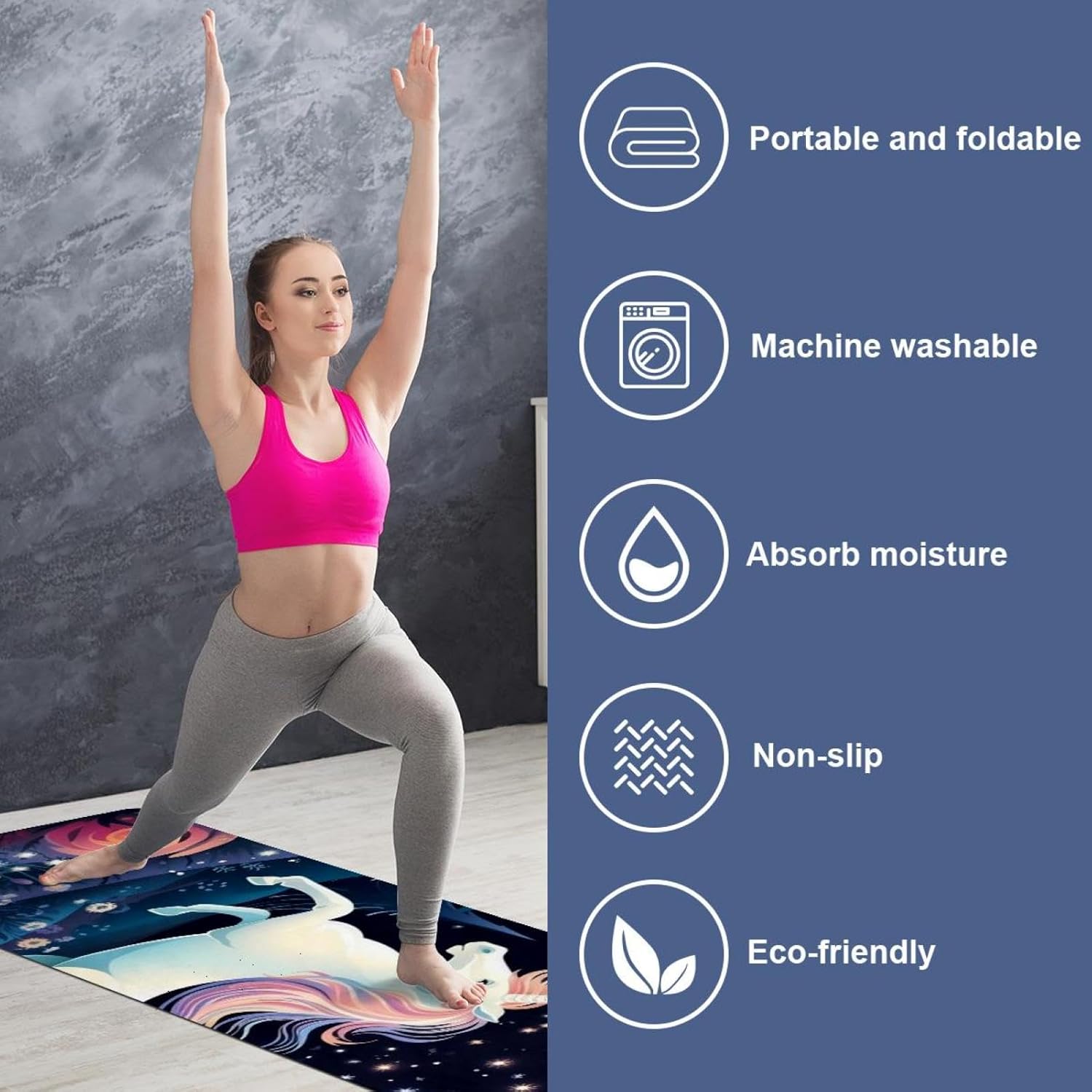 Yoga Towel, Galaxy Unicorn Pattern Non Slip Sweat Absorbent Hot Yoga Mat Towel for Hot Yoga, Pilates and Fitness - 72.8" x 26.8"
