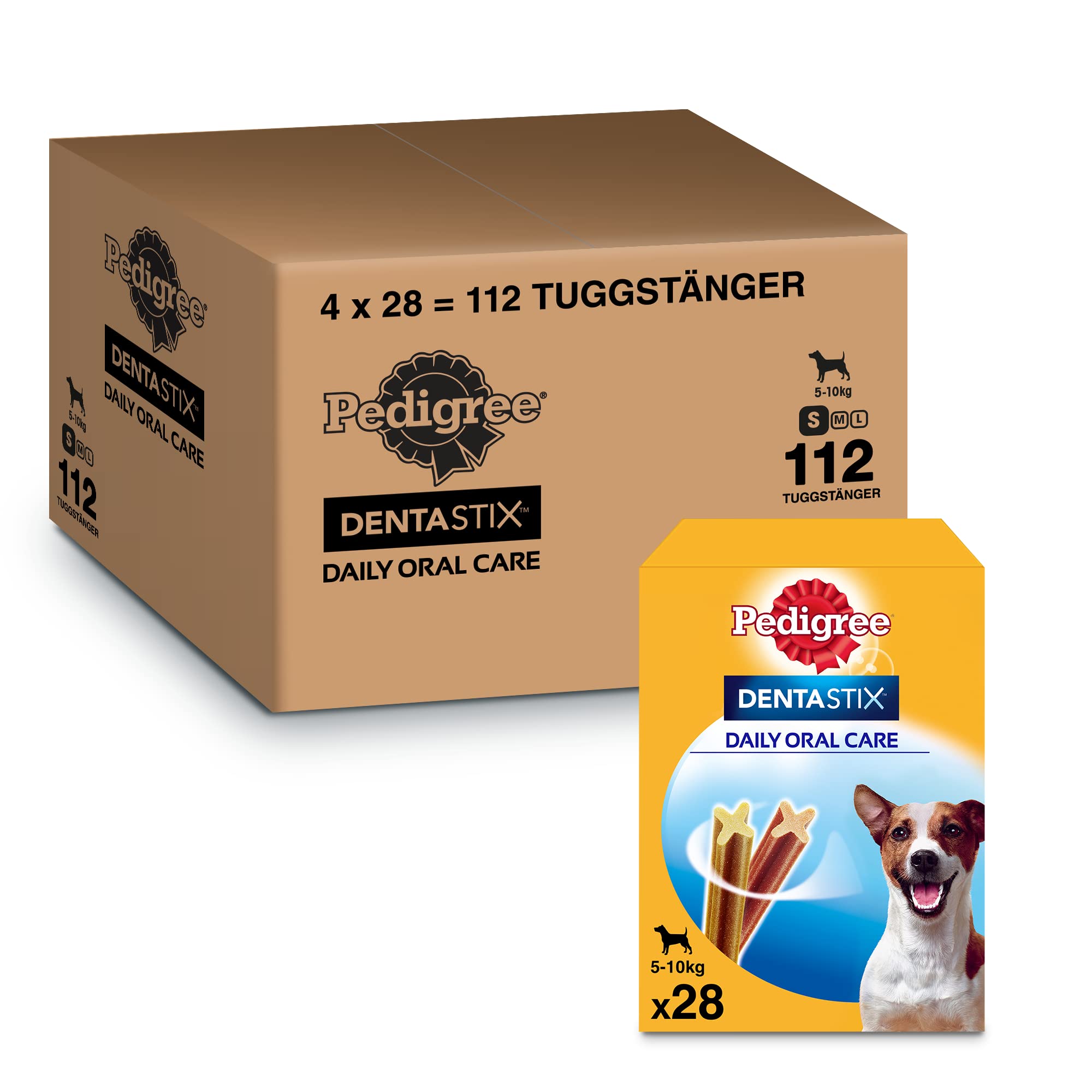 Pedigree DentaStix Daily Oral Care Merienda para el cuidado dental para perros pequeños - golosinas para perros con sabor a pollo y ternera para todos los días - 112 barras (4 x 28 piezas)