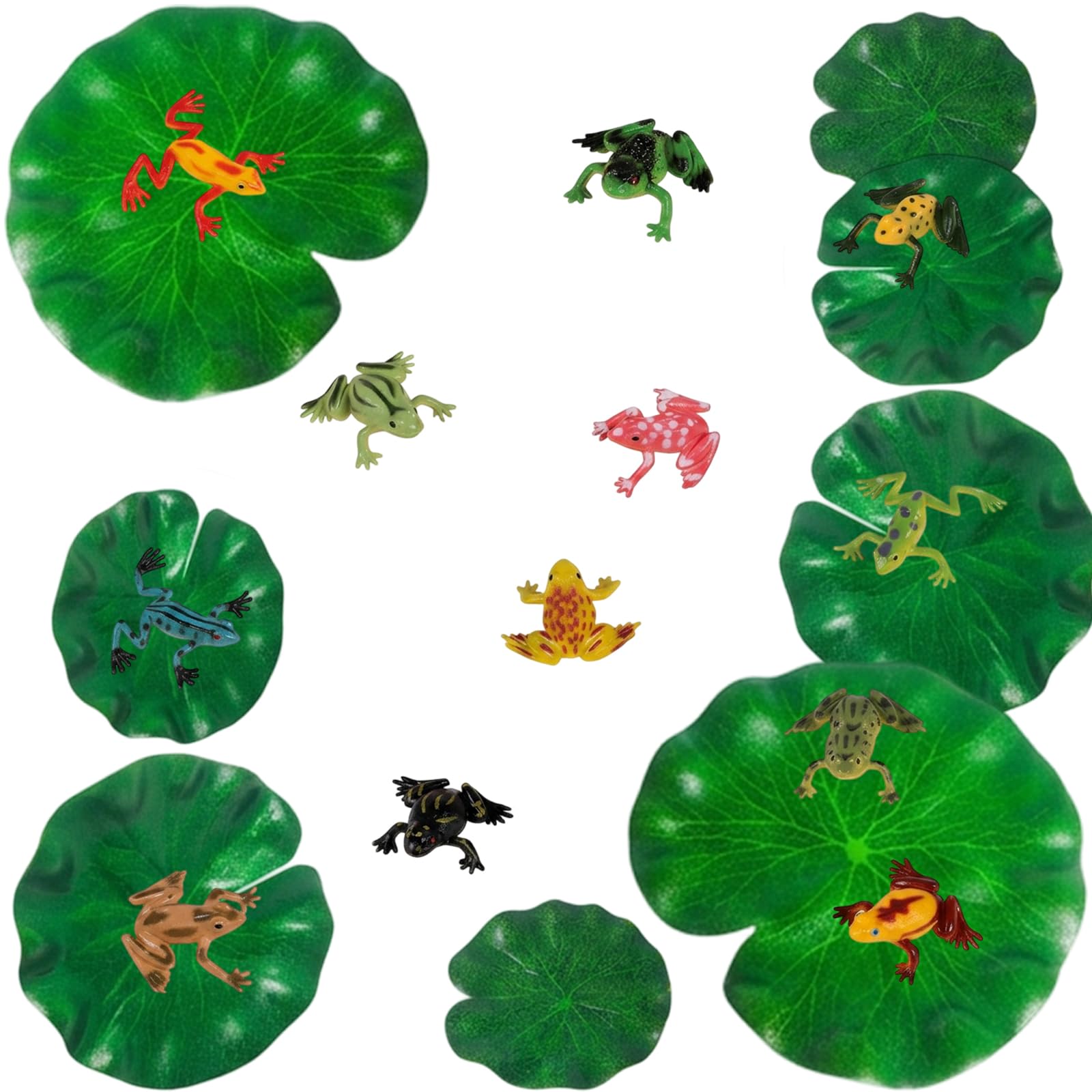 Efuwfugc Frog Toy,18 pcs Garden Decor Enhancements,18 pcs with 12 Frogs and 6 Lily Pads Outdoor Pond Displays, Nature-Themed Event Arrangements.