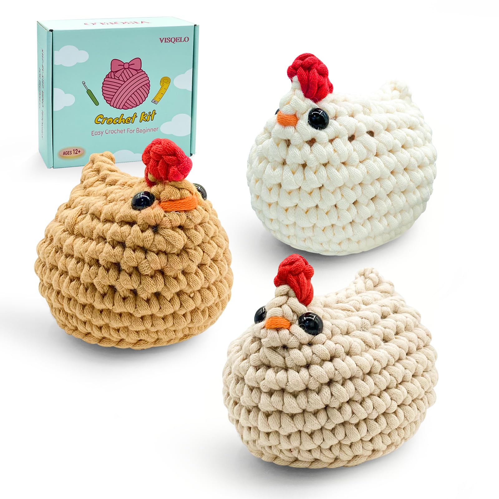 VISQELO Amigurumi Crochet Kit for Beginners Adults, 3 Chicks Animal Starter Set with Step-by-Step Video Tutorials, Learn to Crochet DIY Handcraft Supplies Knitting Gifts for Women Teens