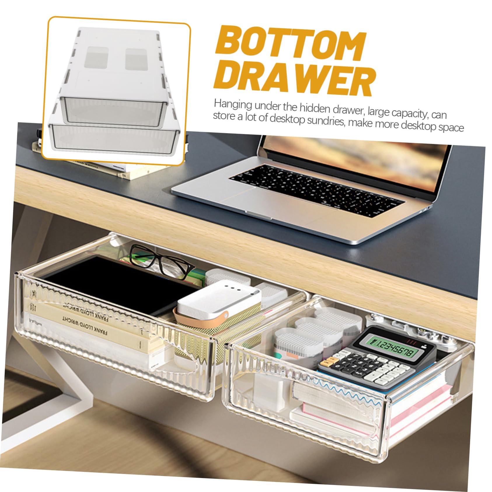 Organizer da Scrivania Cassetto Nascosto, 2 Pezzi, Bianco | Plastica Resistente, Grande Capienza, per Ufficio e Cassettiera, Montaggio senza Fori