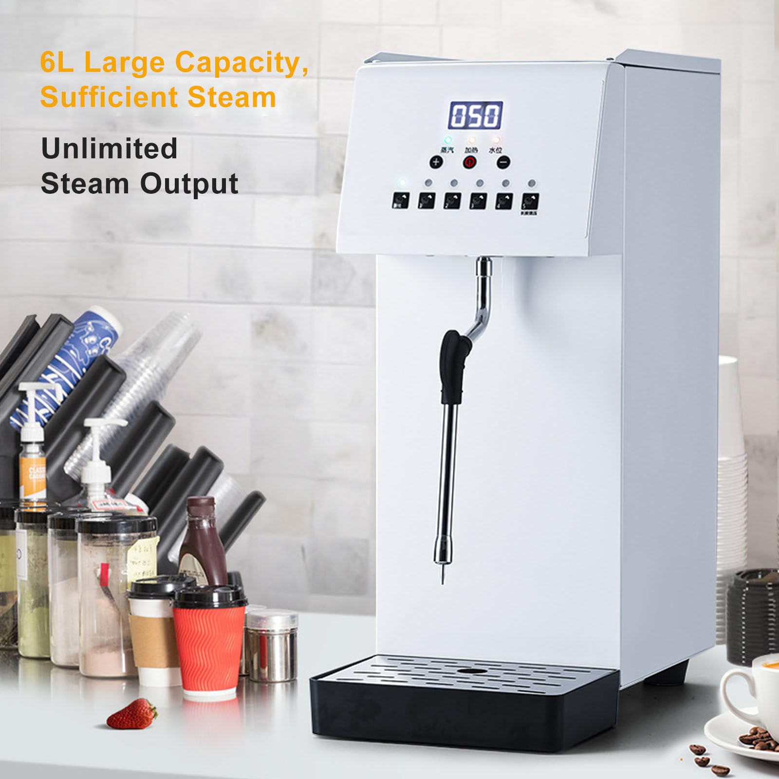 Espumador de leche eléctrico comercial de 2500 W con pantalla LED, tanque de acero inoxidable de 6 L y pulverizador de vapor de 360°.