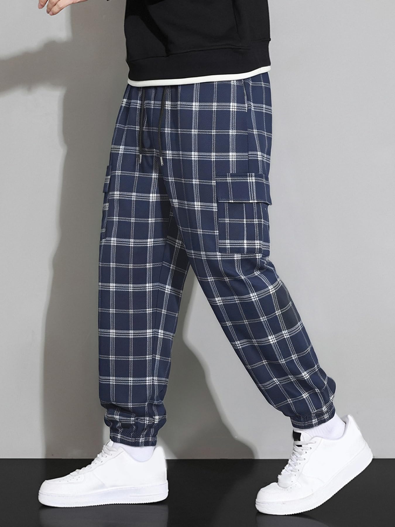 Blue Checkered Workwear Utility Trousers for Men Durable Casual Outdoor Hiking Pants