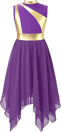 Girls Liturgical Praise Dance Tunic Tank Pullover Metallic Patchwork Sleeveless Asymmetrical Hem Lyrical Dance