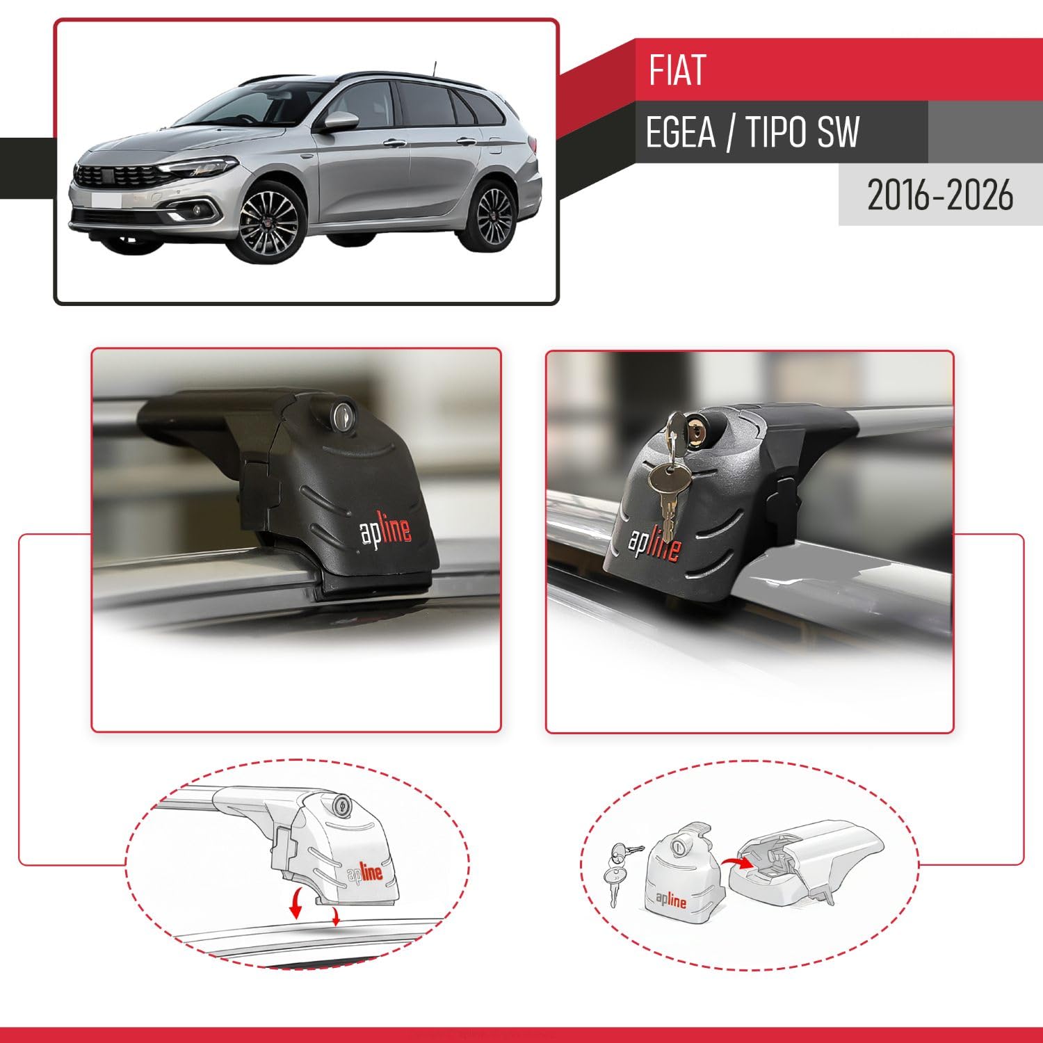 Compatibile con Fiat Egea Tipo SW 2016-2026 Modello ACE-2 Barre Tetto Portapacchi Auto Barre Portatutto Grigio Alluminio 2 Barre