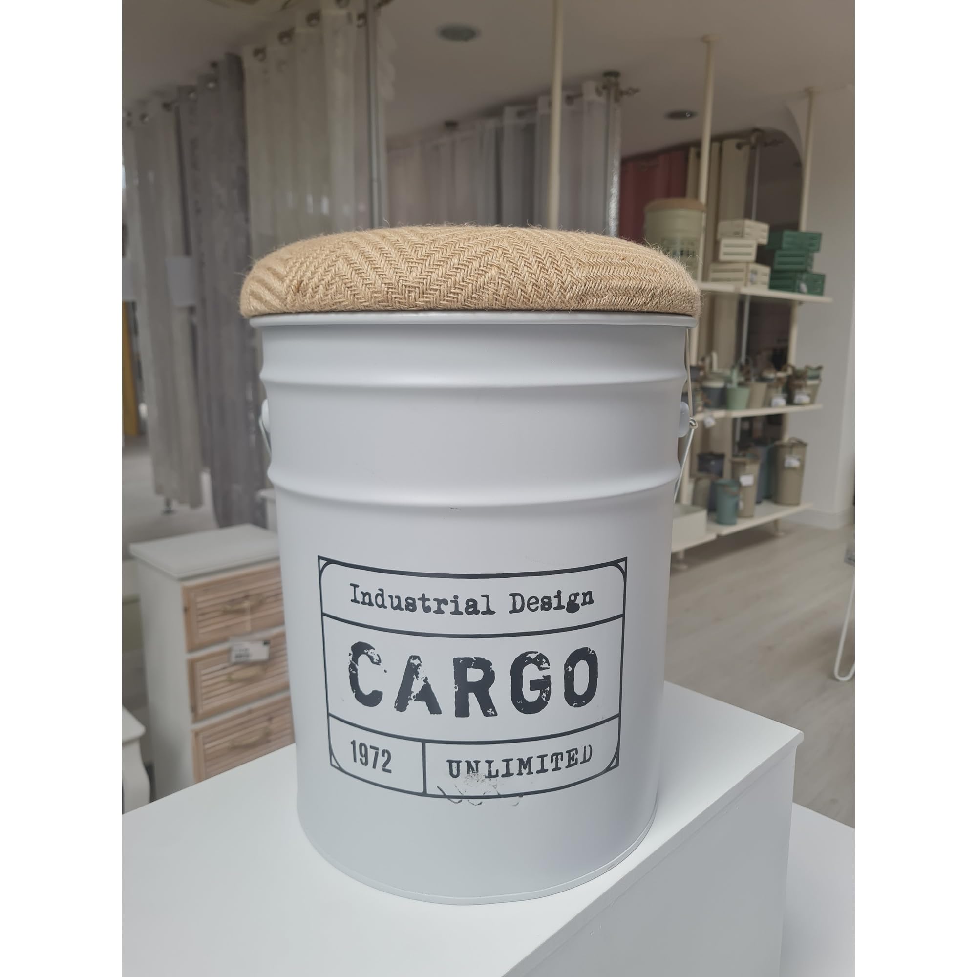 Sgabello Pouf contenitore in stile industriale 31x40 cm,Bianco, Sgabello decorativo in metallo camera da letto e soggiorno, Coperchio/seduta Morbida(FIL 61125 Bianco)