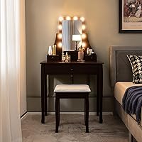 Vista 17 de CHARMAID Mesa de tocador para niñas con espejo iluminado y taburete, 10 luces LED regulables, 3 modos de iluminación de color, 4 cajones, mango