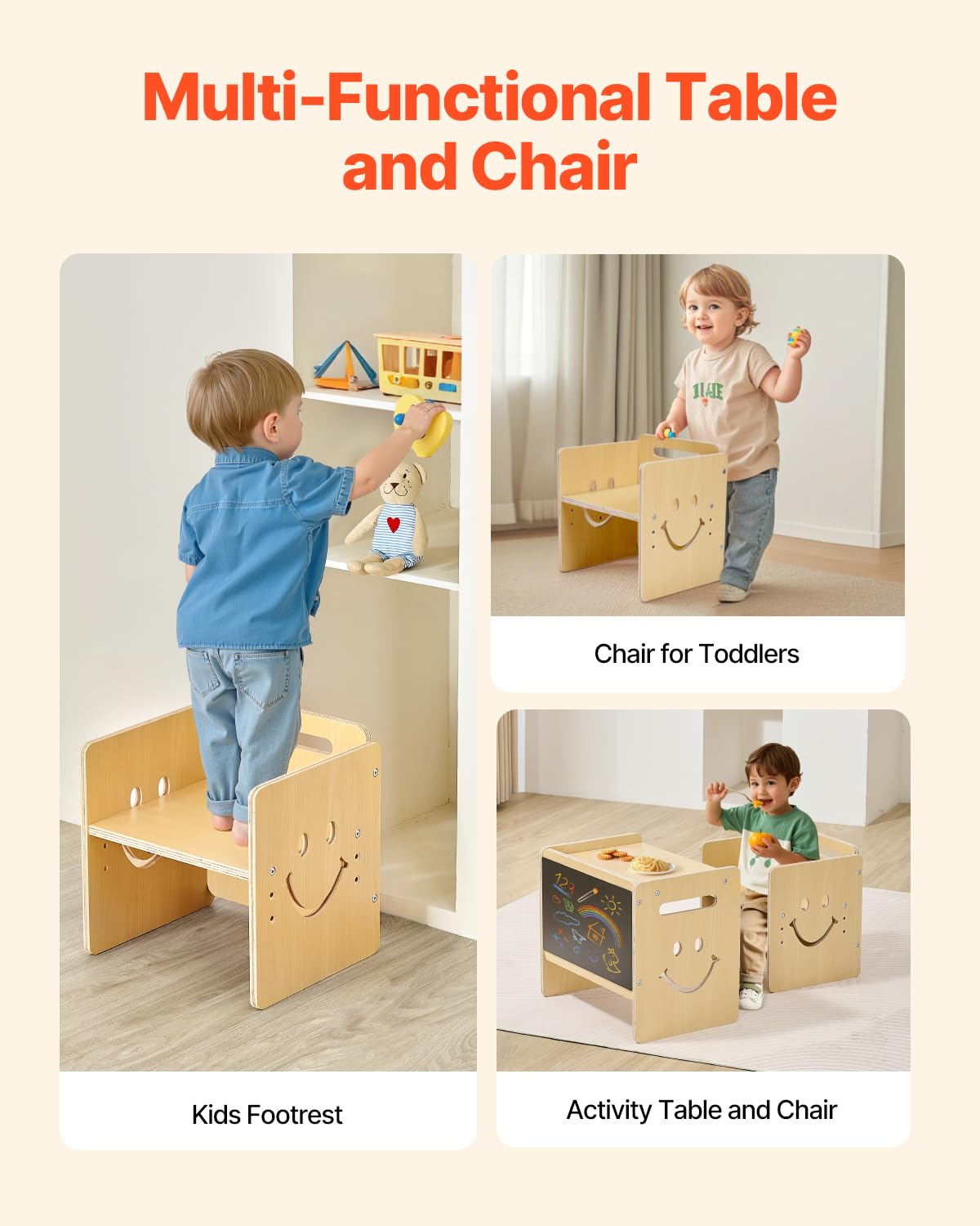 VEVOR Set Tavolo e Sedia per Svezzamento in Legno per Bambini 424 x 300 x 385 mm, Sgabello Regolabile 345 mm