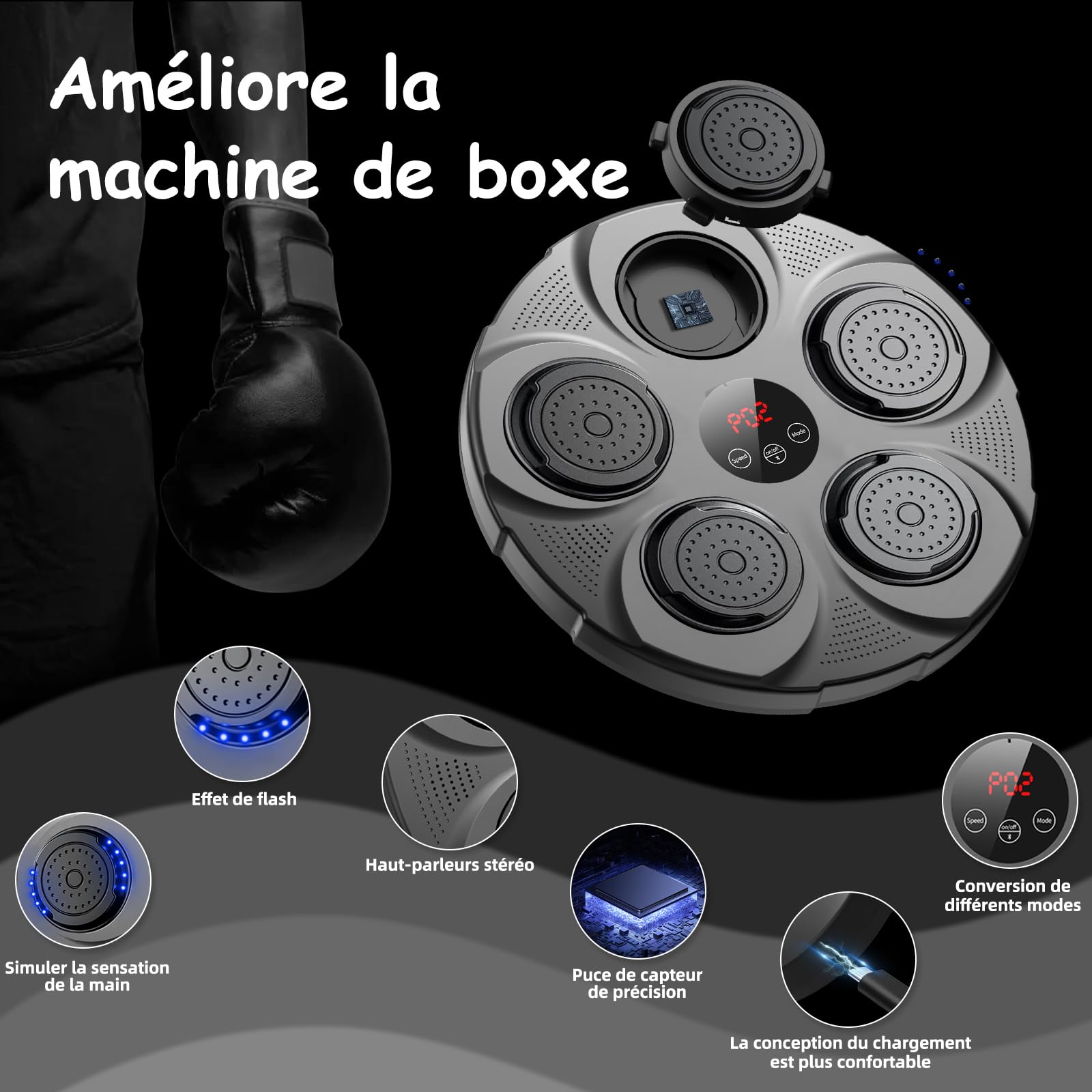 Macchina Boxe Musicale Con LED – 12 Velocità, Bluetooth, Sensori Di Pressione, Guanti Inclusi, Per Adulti E Bambini