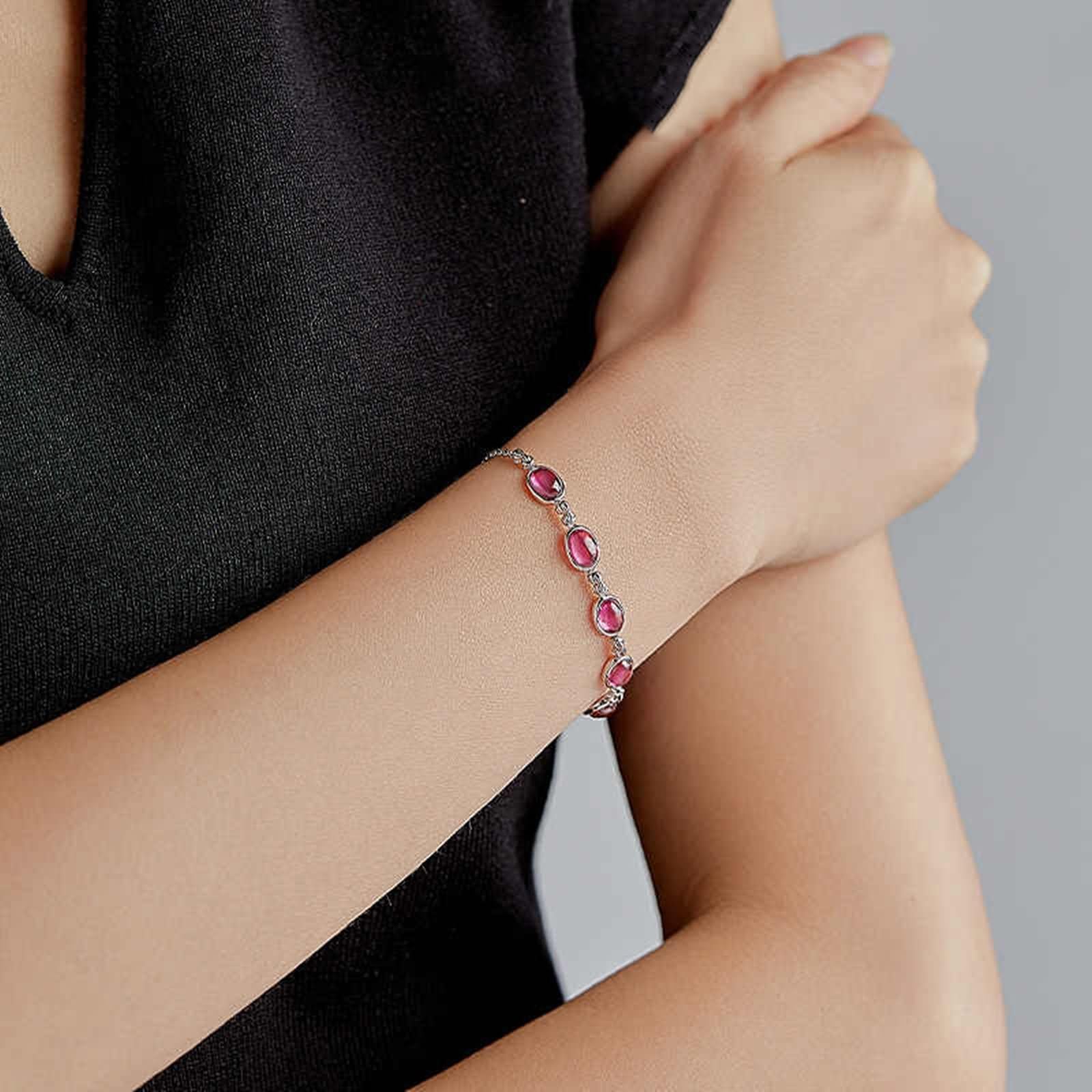 Pulseras ovaladas para madre e hija con rubí, pulseras de oro de 14 quilates para mujer, 20 + 3 cm