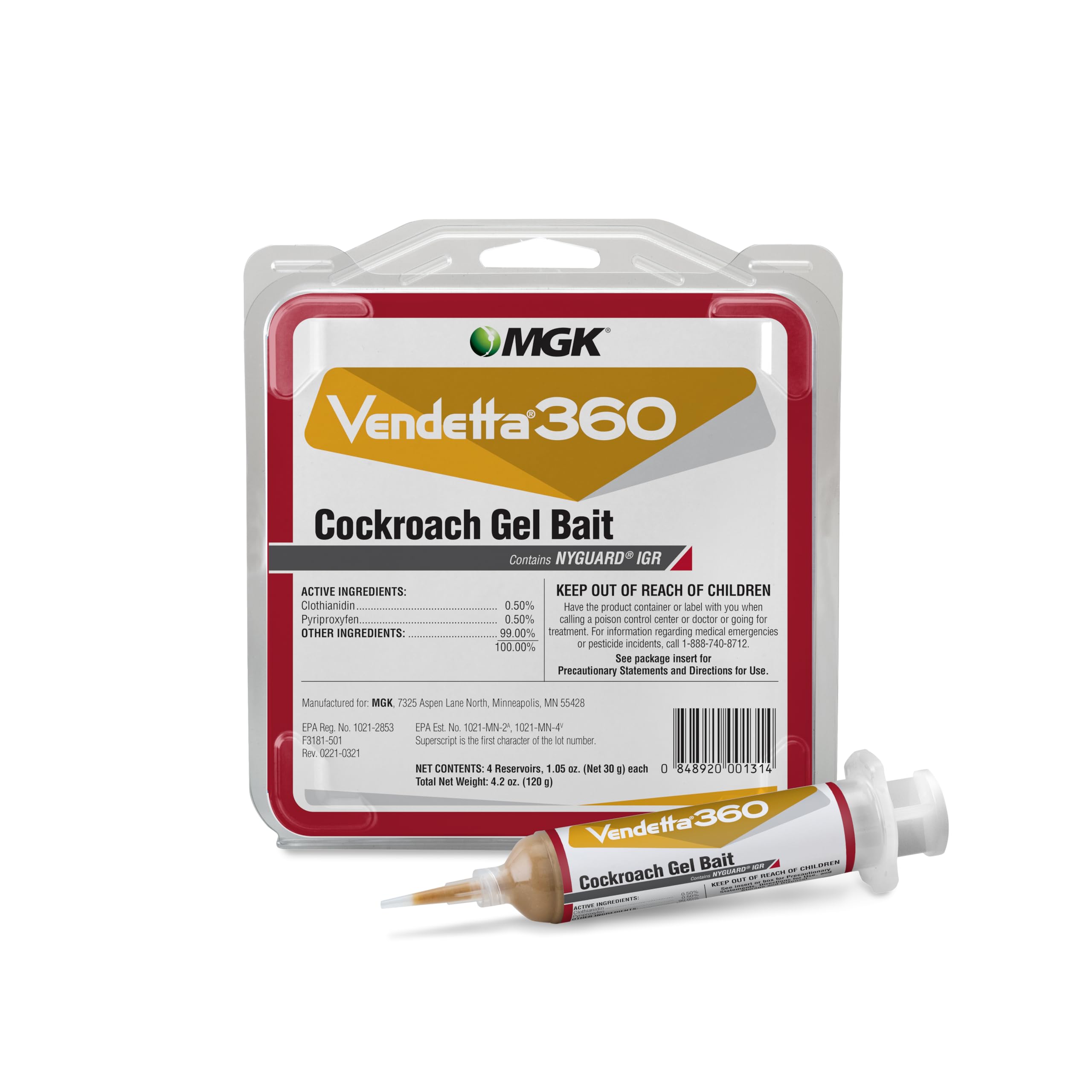 MGK Vendetta® 360 Cockroach Gel Bait | Cockroach Killer | Use In Rotation With Other Roach Baits | Dual Modes Of Action | Fits Standard Bait Guns | Home, Commercial, Industrial Use | 4 x 30 Gram Tubes