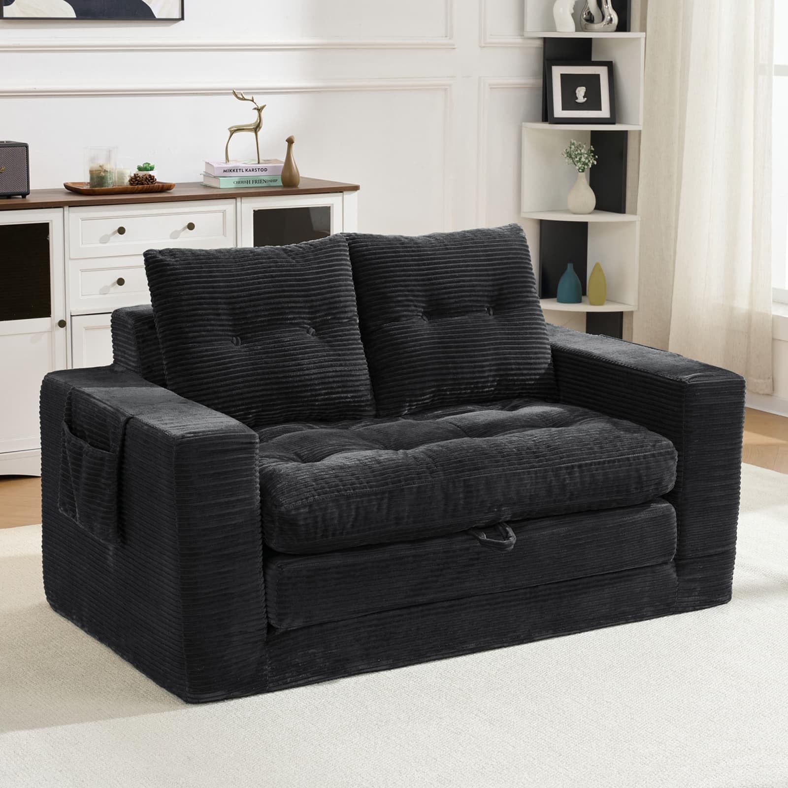KOMHTOM Banquette Convertible 2 Places Canapé Lit Compact avec Poches Latérales pour Salon Chambre Bureau Velours Côtelé Noir(Black)