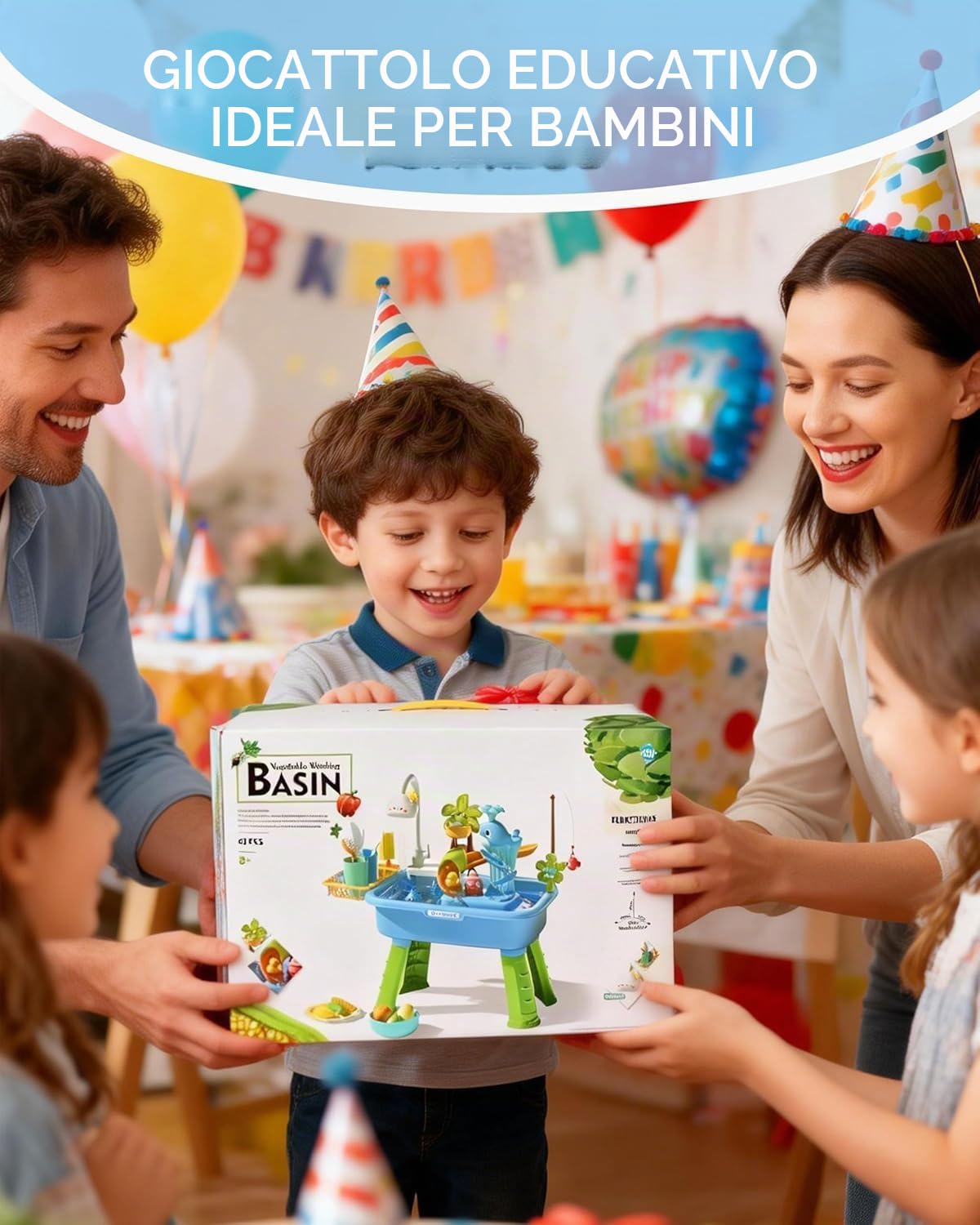Tavolo Acqua Bambini 4-in-1 con Pompa e Acqua Corrente, Lavandino Giocattolo con Pesca Simulata, Giochi Acqua per Esterno Giardino, Tavolo Acqua per Bambini 3+ Anni (Blu, Senza Batterie)