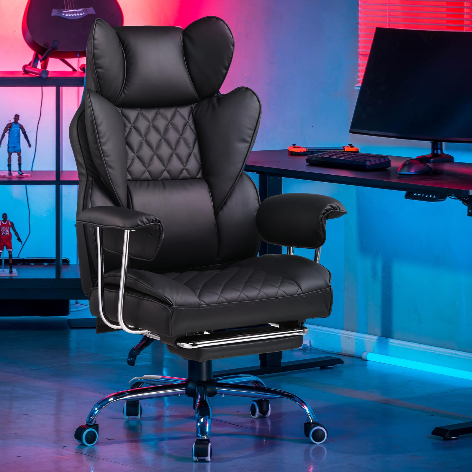 GTPLAYER Chaise Gaming, Bureau Soutien Lombaire Ressorts, siège Large accoudoirs Souple, Repose-Pieds, Hauteur réglable, Supporte 180 kg, Noir