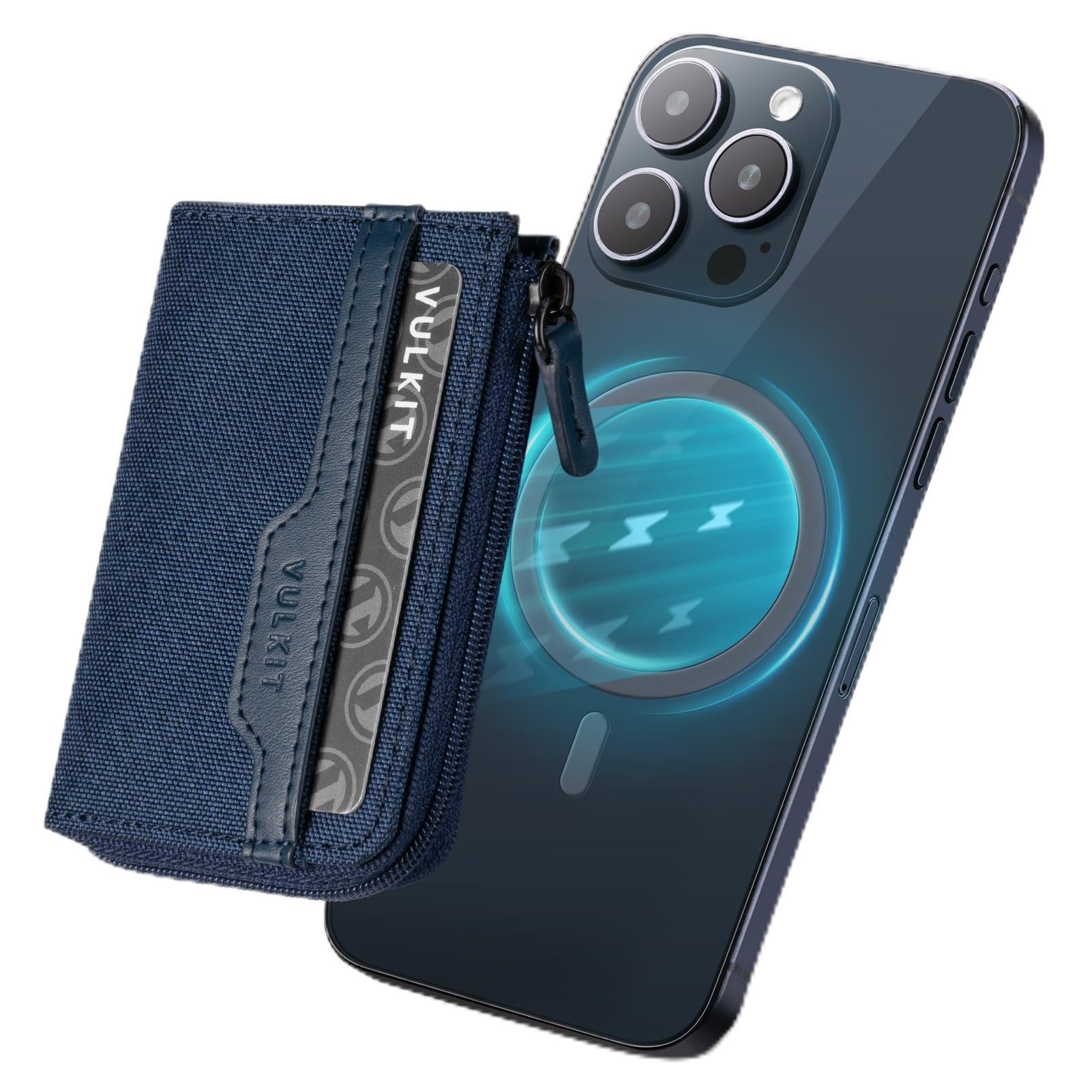 VULKIT Magnetische Kartenbrieftasche, kompatibel mit MagSafe Wallet RFID-blockierender Handy-Kartenhalter für iPhone 15/14/13/12 Serie, navy, no, Minimalistisch