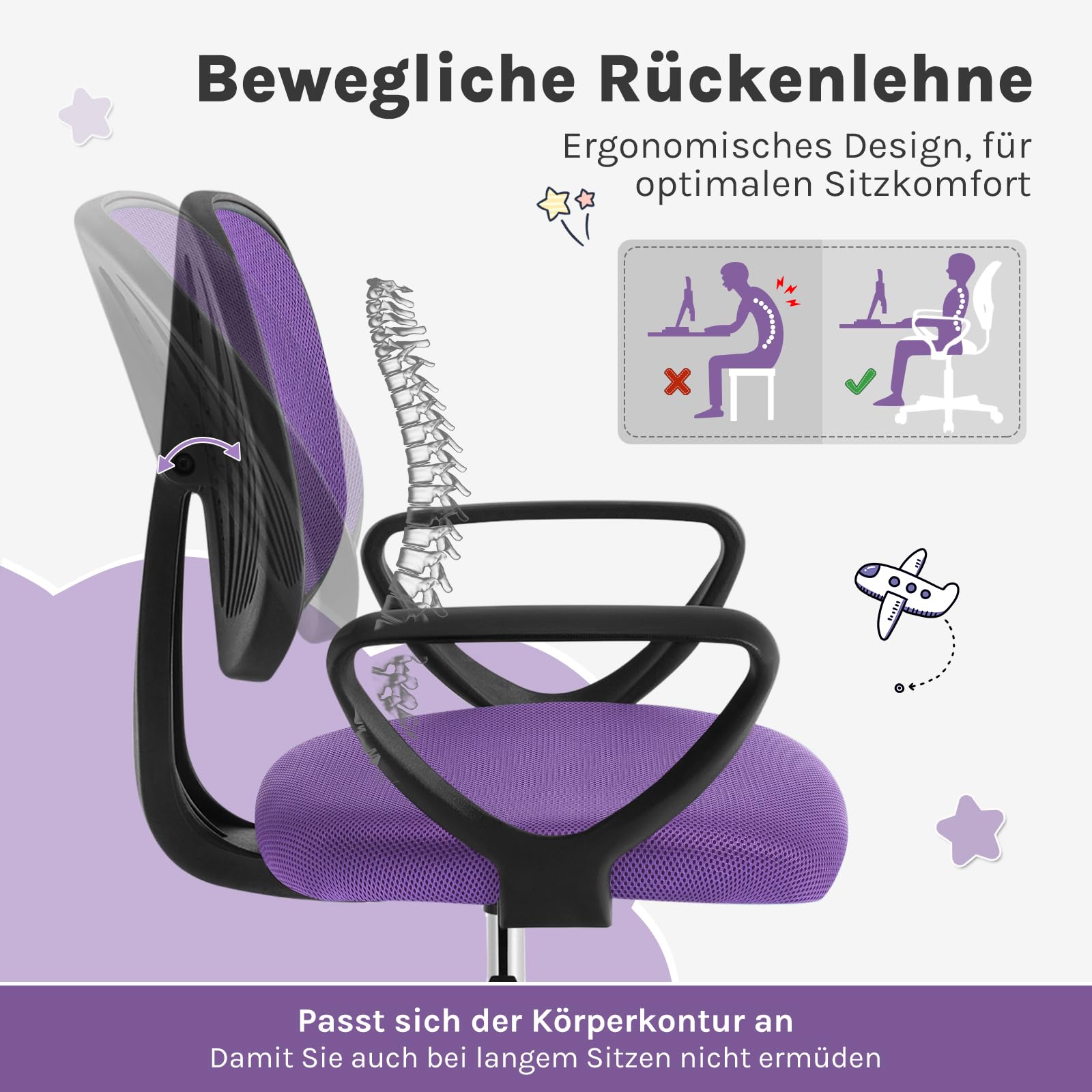 Schreibtischstuhl Kinder, Kinderschreibtischstuhl ergonomisch, Drehstuhl Kinderstuhl höhenverstellbar, mit Rollen Armlehnen, atmungsaktive Netzstoff-Rückenlehne, Lila