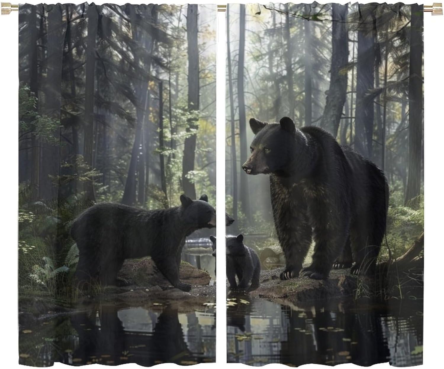 Cute Black Bear Wildlife Blackout Curtains, Forest Tree Trunk Lake Animal Home Decor Rod Pocket Window Drapes for Living Room Bedroom- 2 Panels, Each 36" W x 63" L