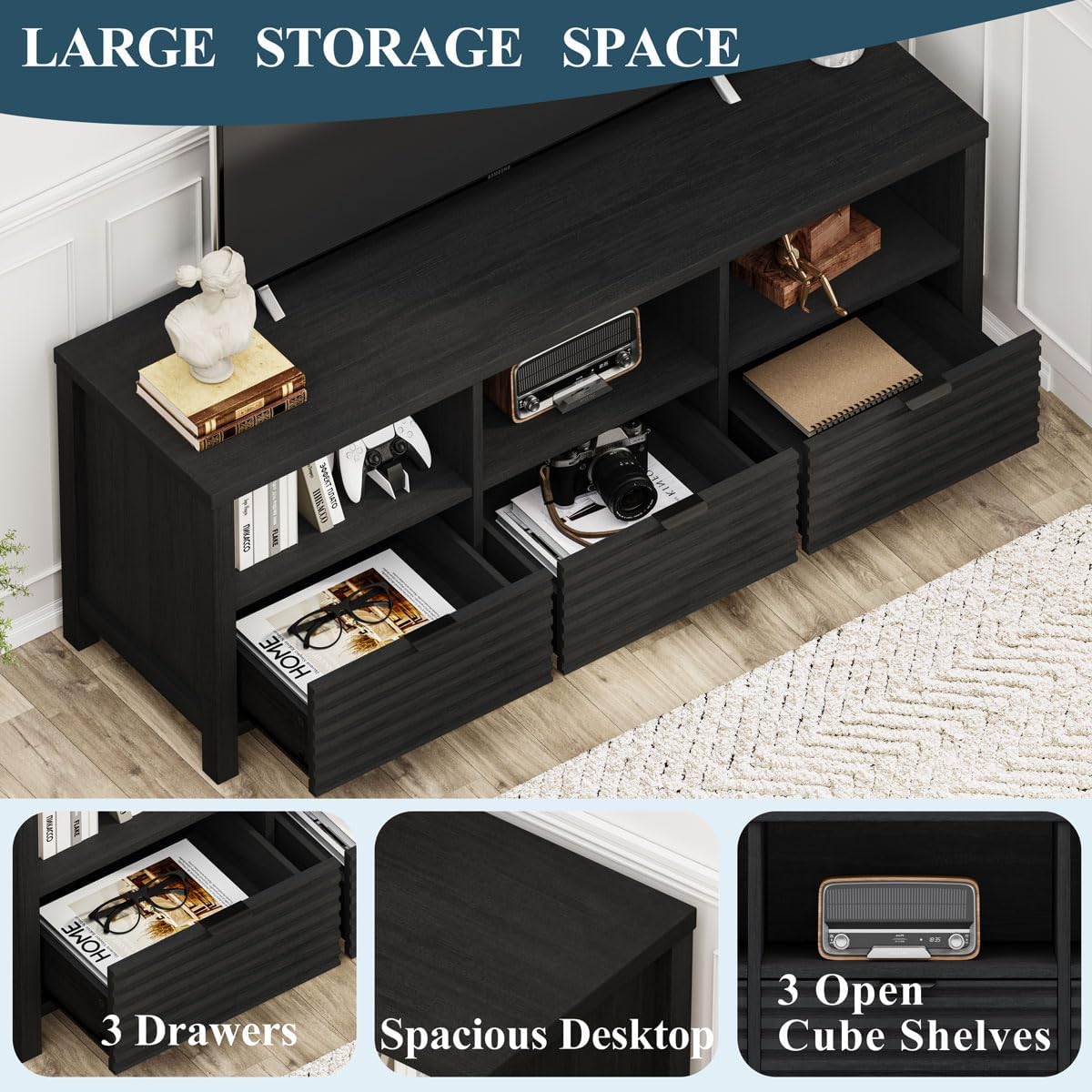 BON AUGURE black tv stand styled in living room