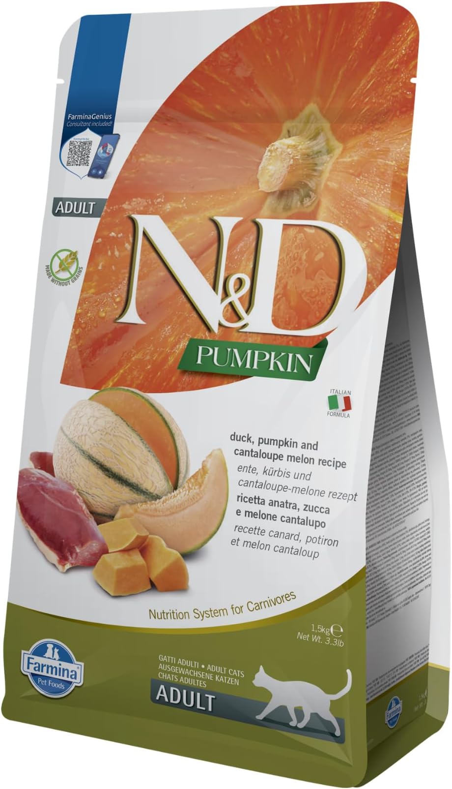 Farmina N&D, Pumpkin Duck Pumpkin and Cantaloupe Melon Recipe Adult Dry Cat Food, 3.3lb