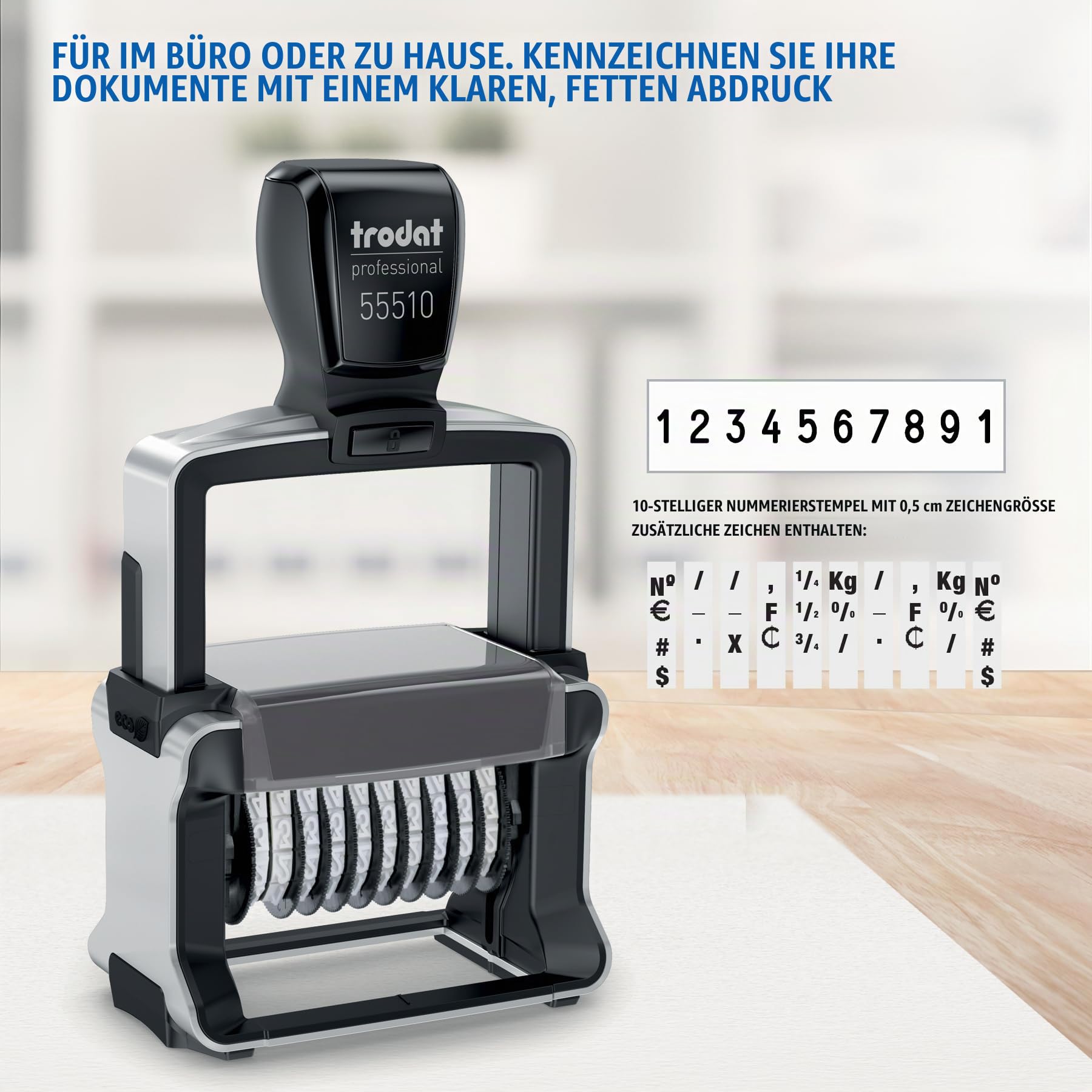 Trodat Professional 55510 Nummernstempel 10 Bänder, Selbstfärbend, 5 mm Schrifthöhe, Abdruck schwarz | Bürostempel, Abdruck 50x5 mm, Abdruck schwarz, selbstfärbend, dokumentenecht, archivierbar, Schrifthöhe 5 mm