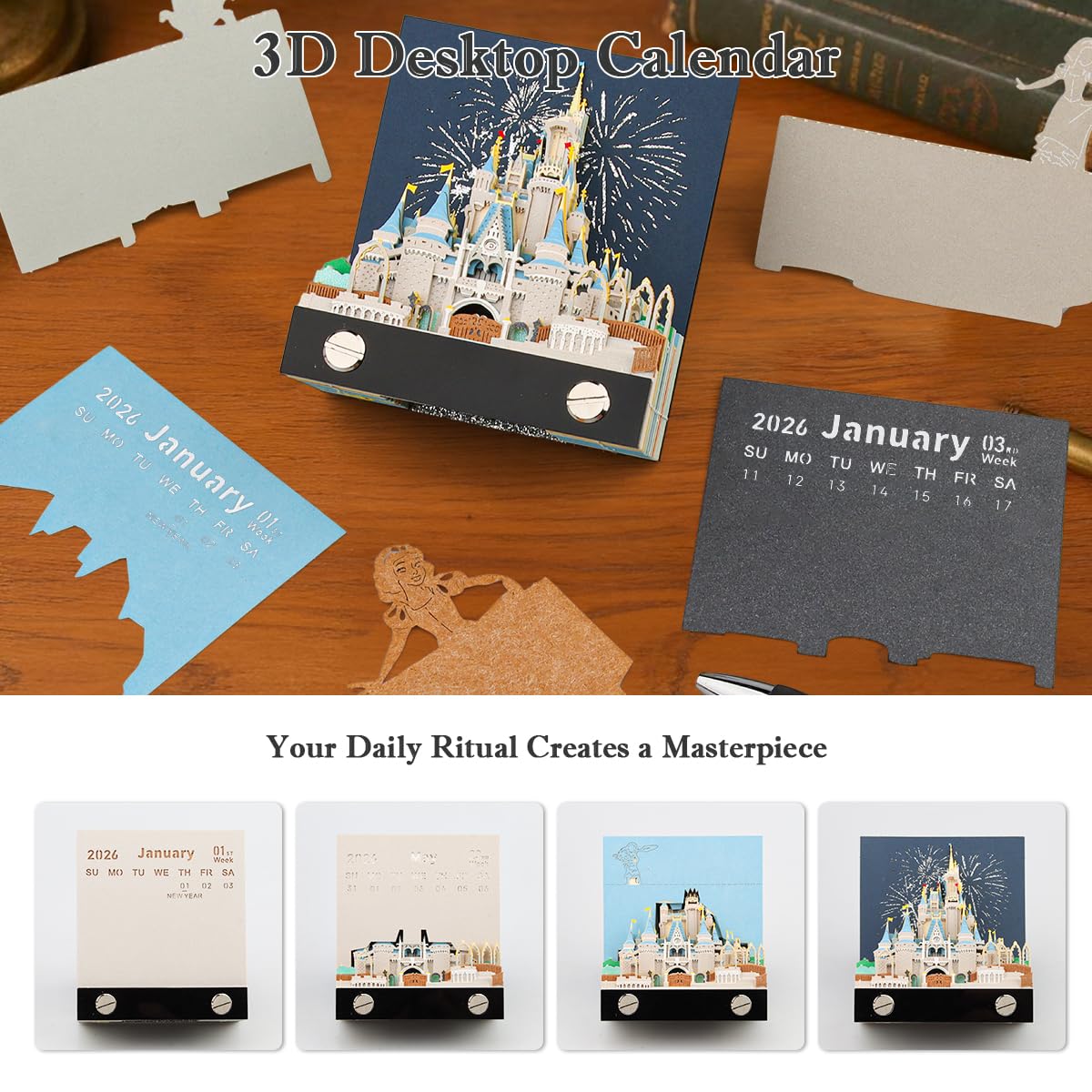 Calendario 3D Da Tavolo 2026 Con Luci LED - Calendario Da Strappare A Forma Di Castello, Decorazione Scrivania